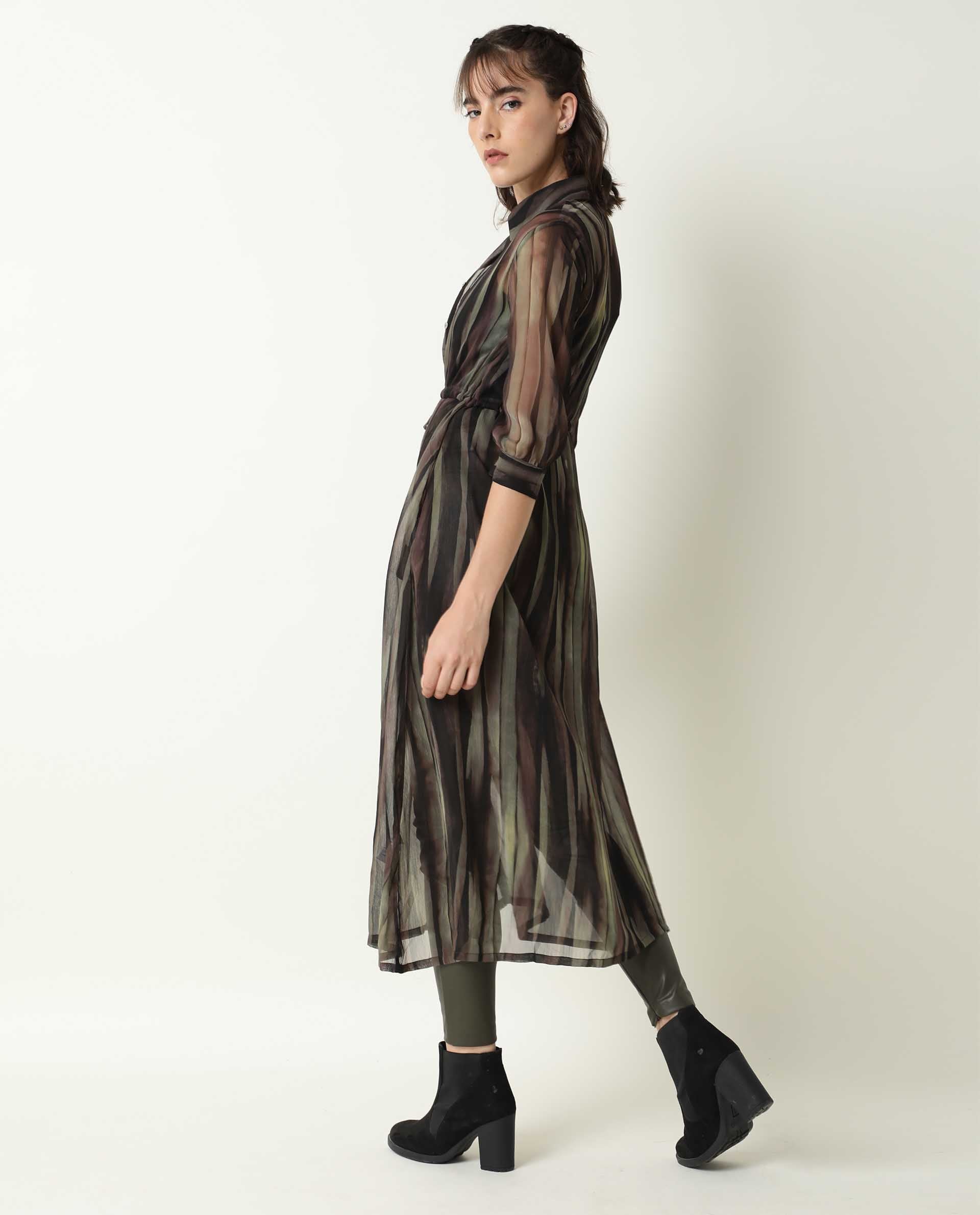 Rareism Women's Klepto Green Spread Collar Striped Knee Length Regular Fit Dress