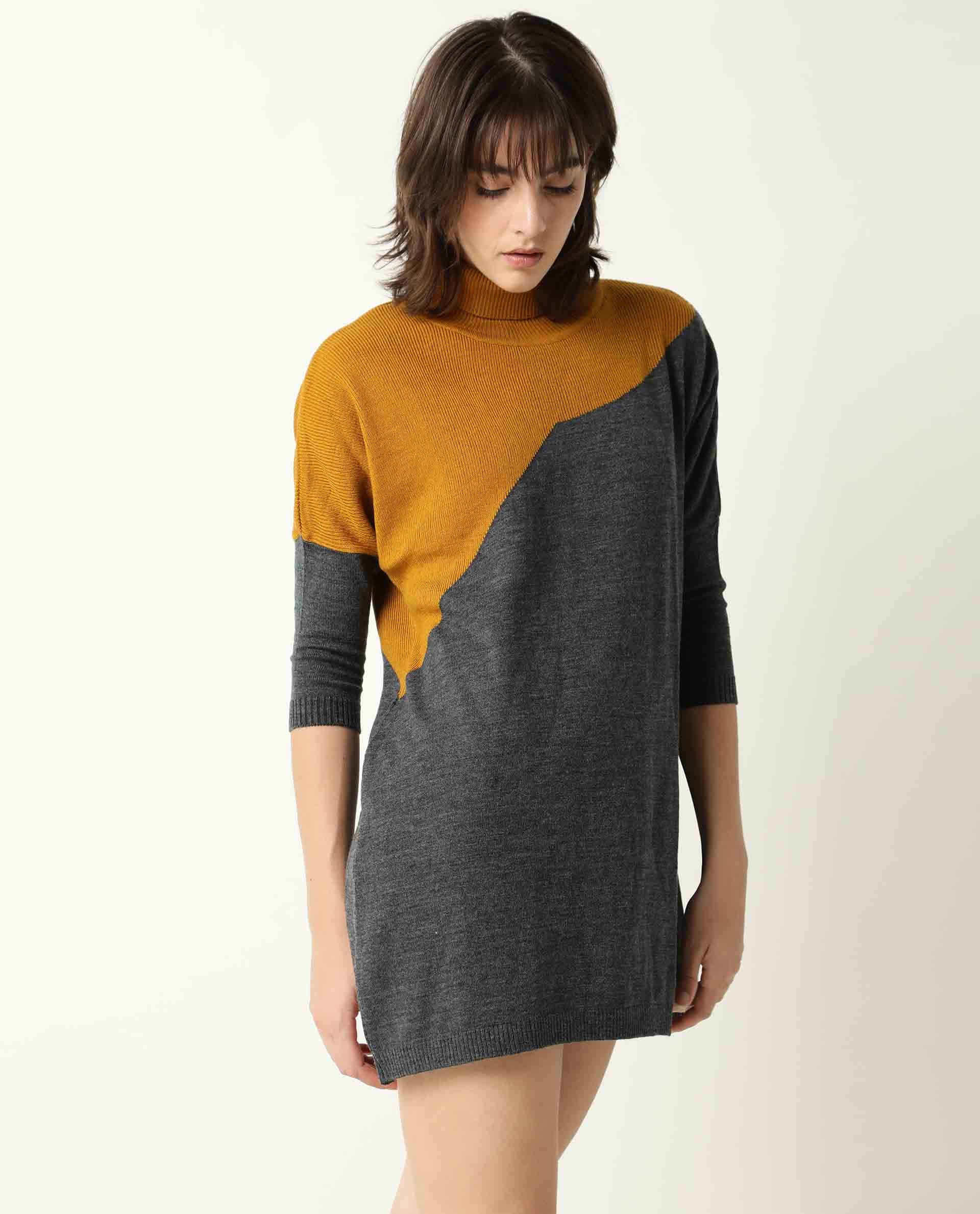 Rareism Women Spaton Grey Acrylic Fabric Full Sleeves Knee Length Regular Fit Color Blocked High Neck Sweater