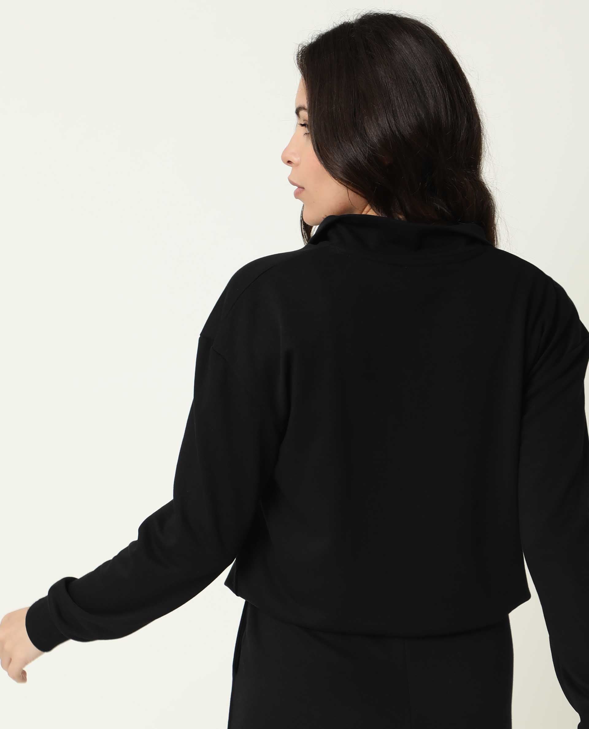 Rareism Women Taffy-1 Black Relaxed Fit Full Sleeves Solid High Neck Sweatshirt