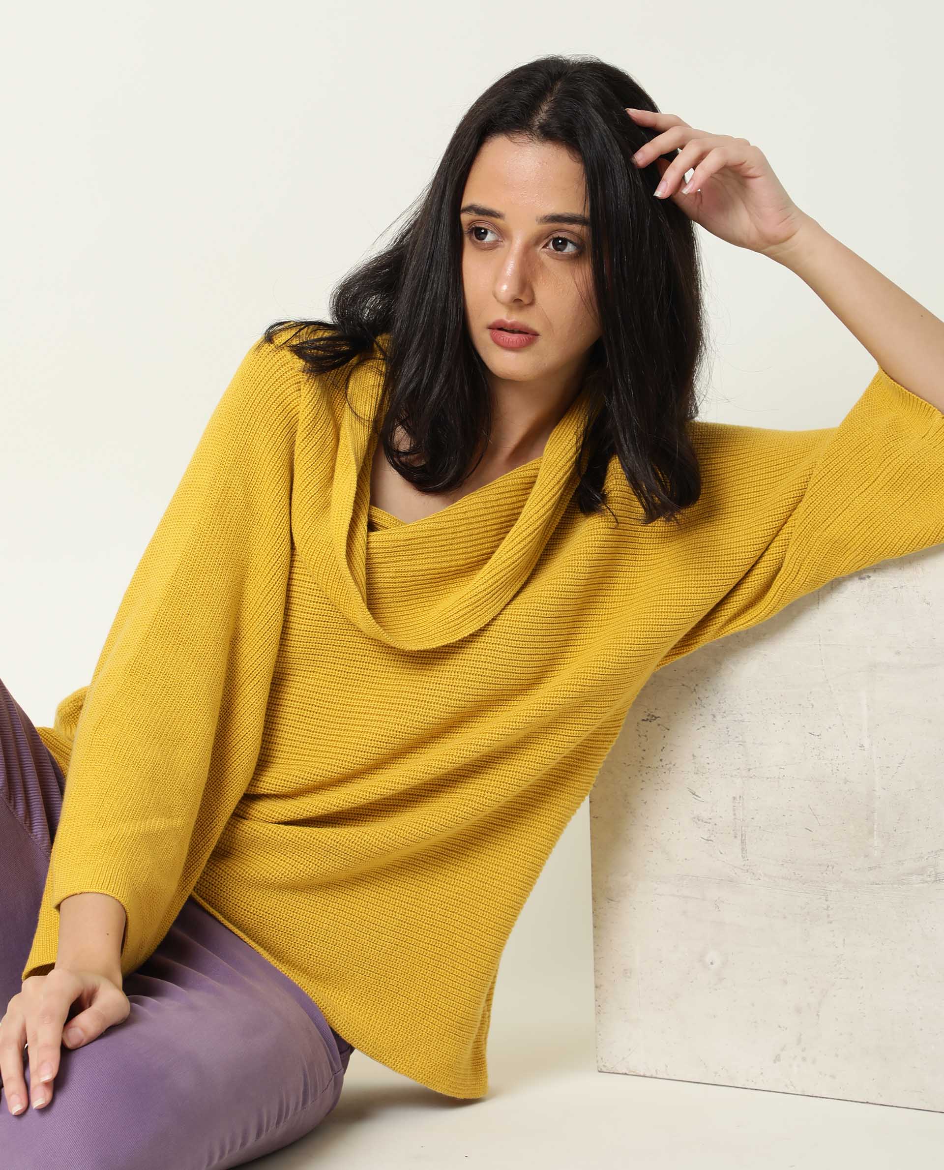 Rareism Women's Cleo Mustard Cowl Neck Plain Relaxed Fit Sweater