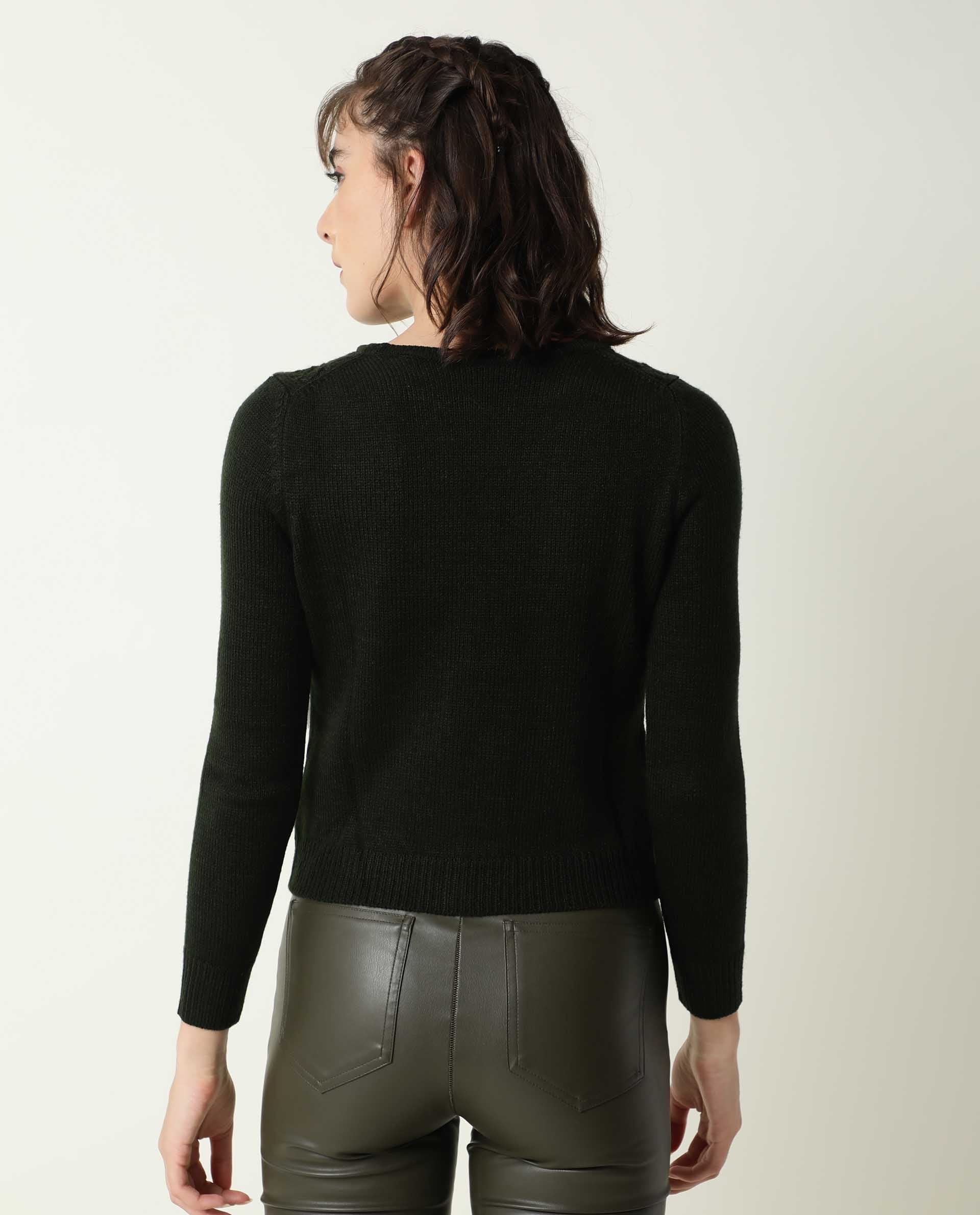 Rareism Women Sami Olive Acrylic Fabric Full Sleeves Slim Fit Solid Round Neck Sweater