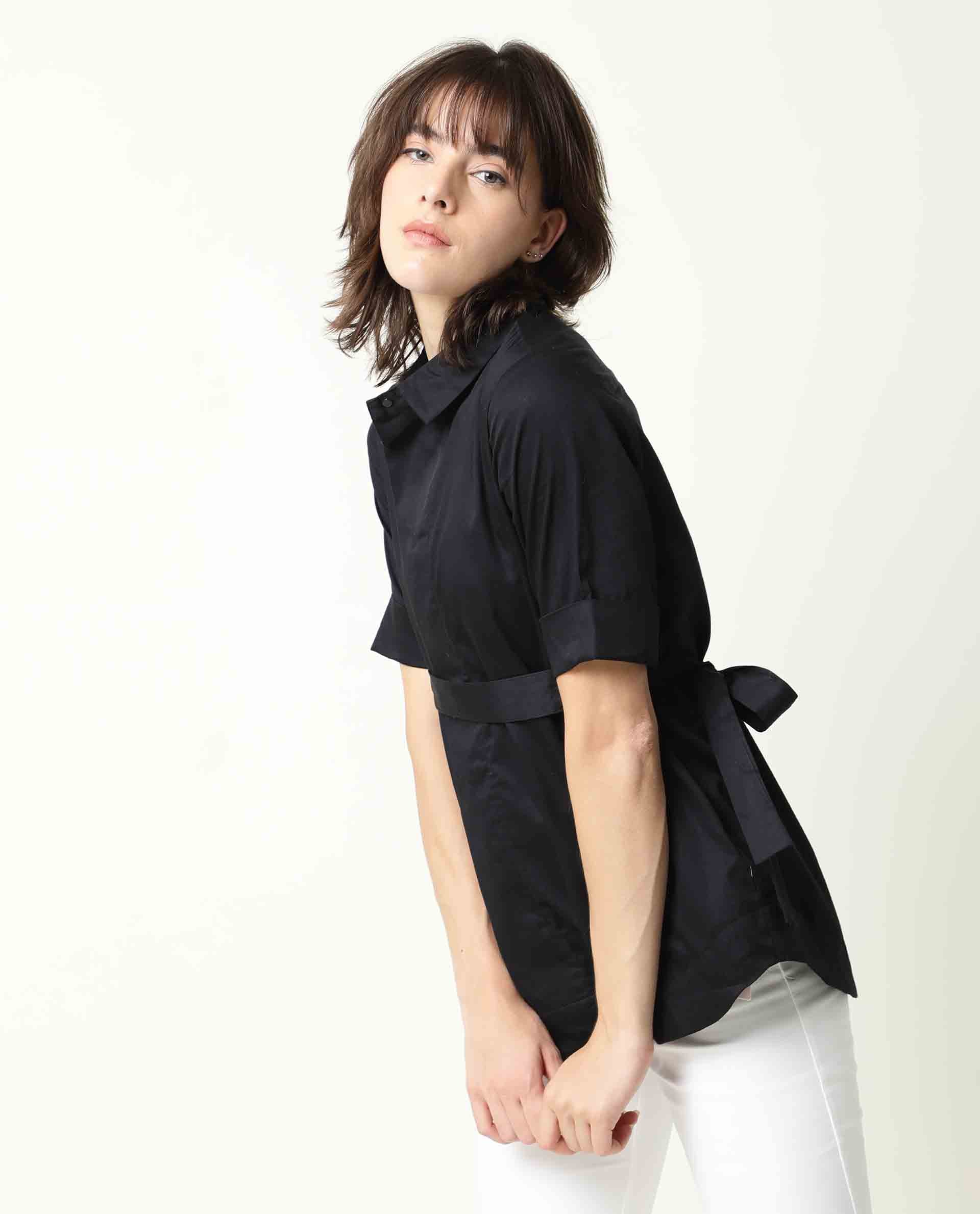 Rareism Women's Glitter Black Spread Collar Plain Knee Length Relaxed Fit Top