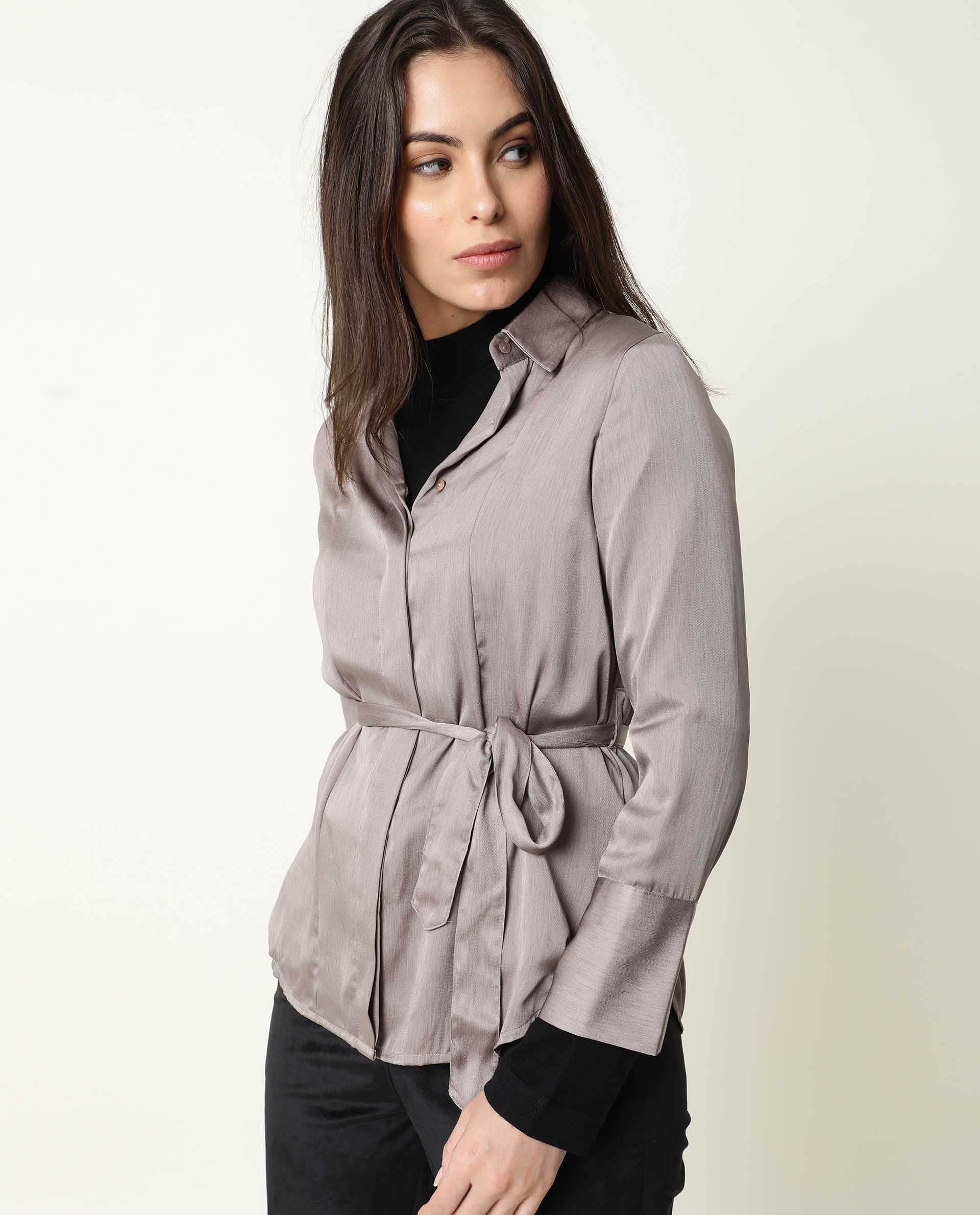 Rareism Womens Wandy Beige Top Polyester Fabric Full Sleeve Collared Neck