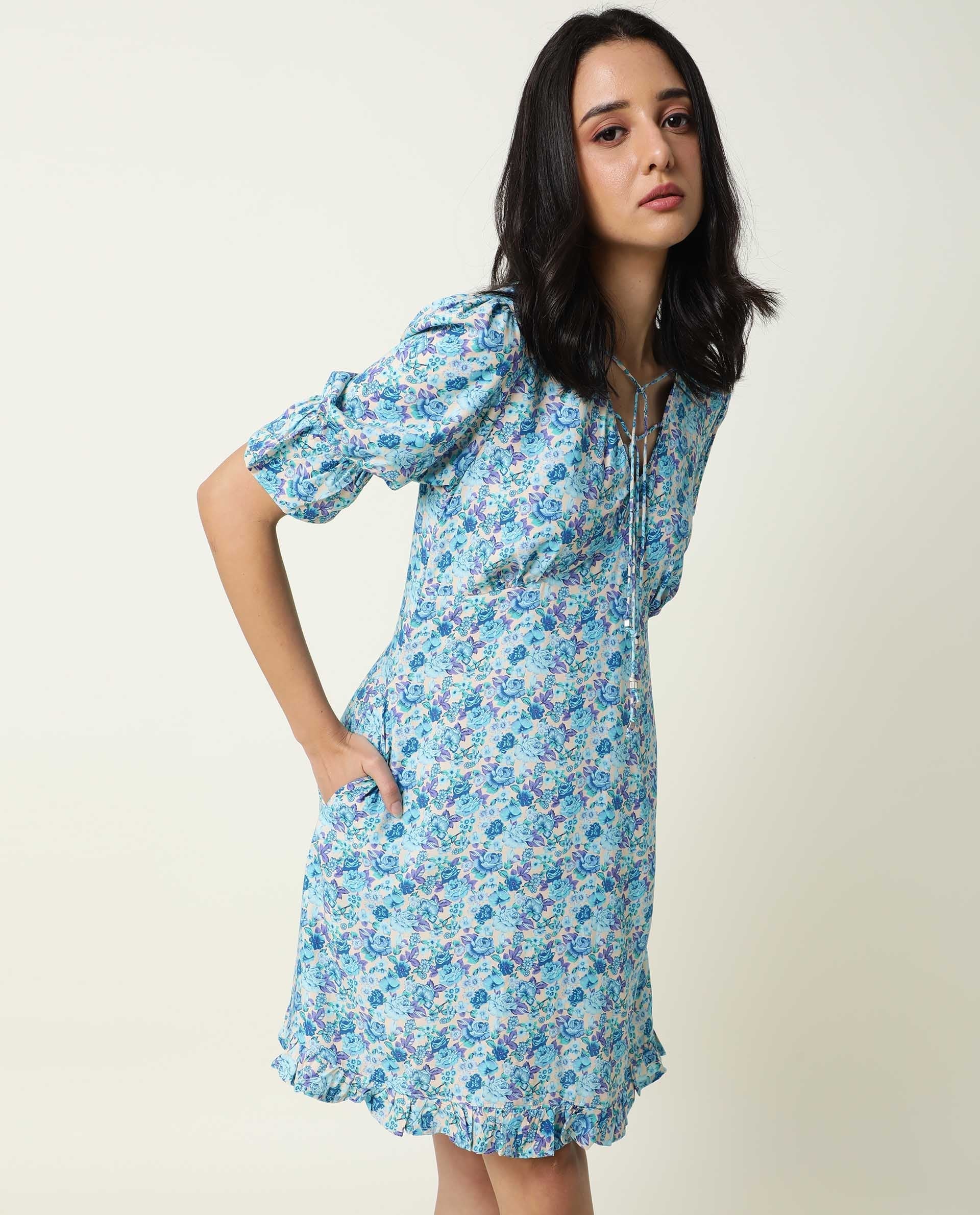 Rareism Women's Eon Blue Viscose V-Neck Floral Print Puff Sleeves Midi Slim Fit Dress
