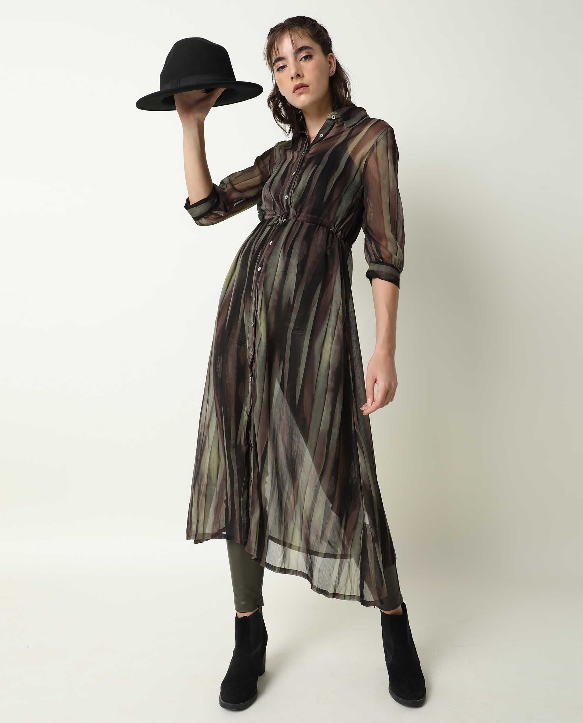 Rareism Women's Klepto Green Spread Collar Striped Knee Length Regular Fit Dress