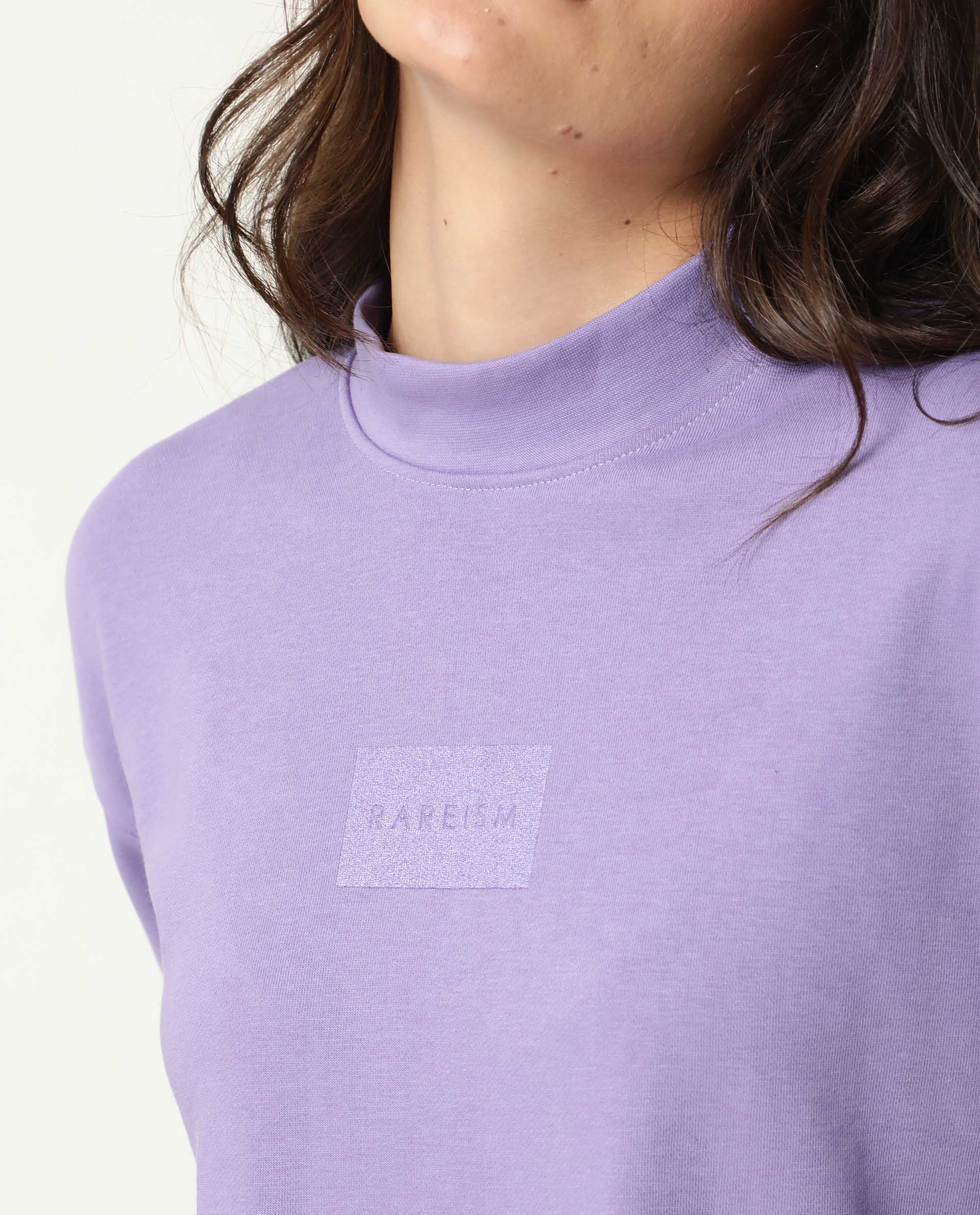 Rareism Women Hectare Pastel Purple Cotton Poly Fabric Relaxed Fit Full Sleeves Solid High Neck Sweatshirt