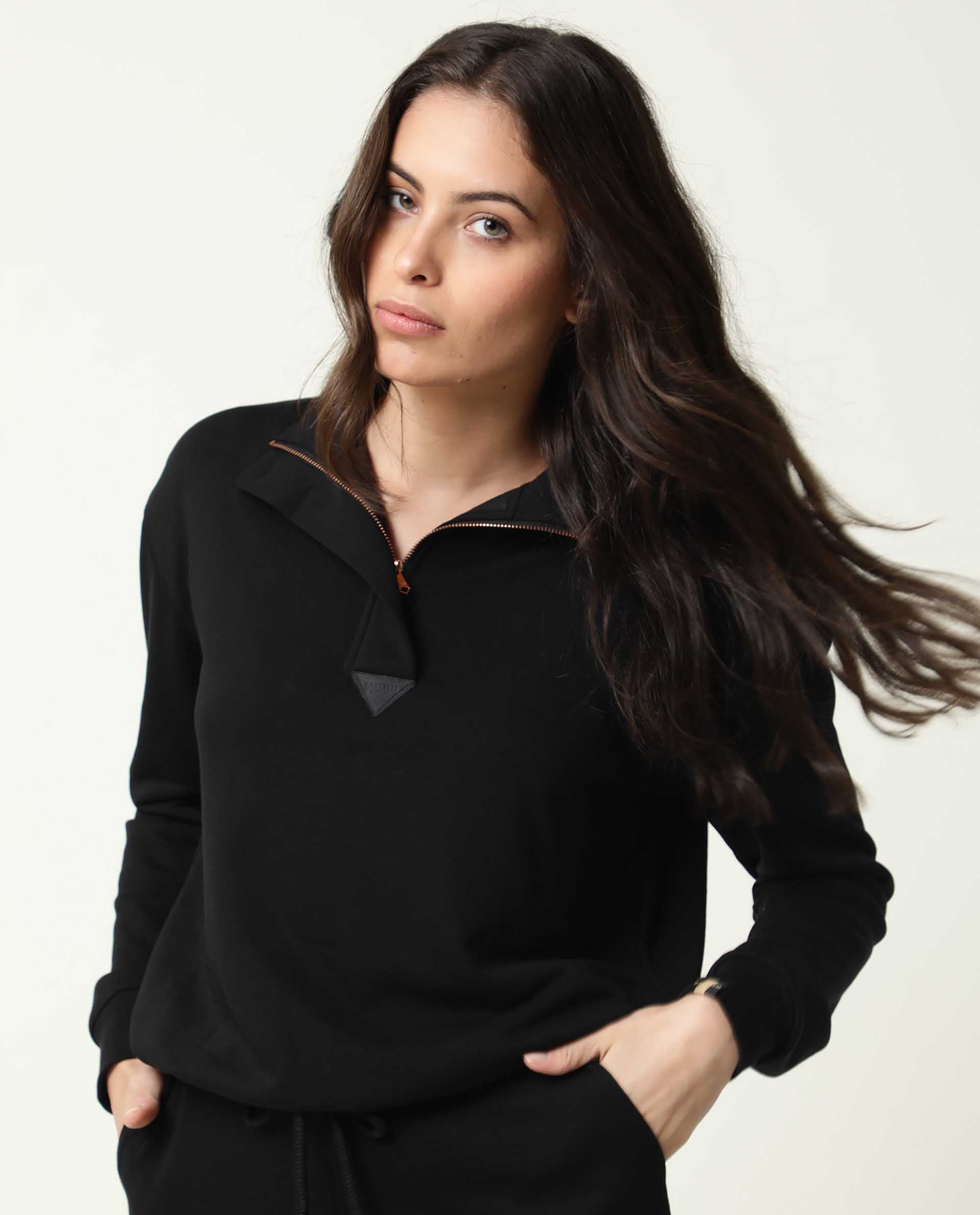 Rareism Women Taffy-1 Black Relaxed Fit Full Sleeves Solid High Neck Sweatshirt