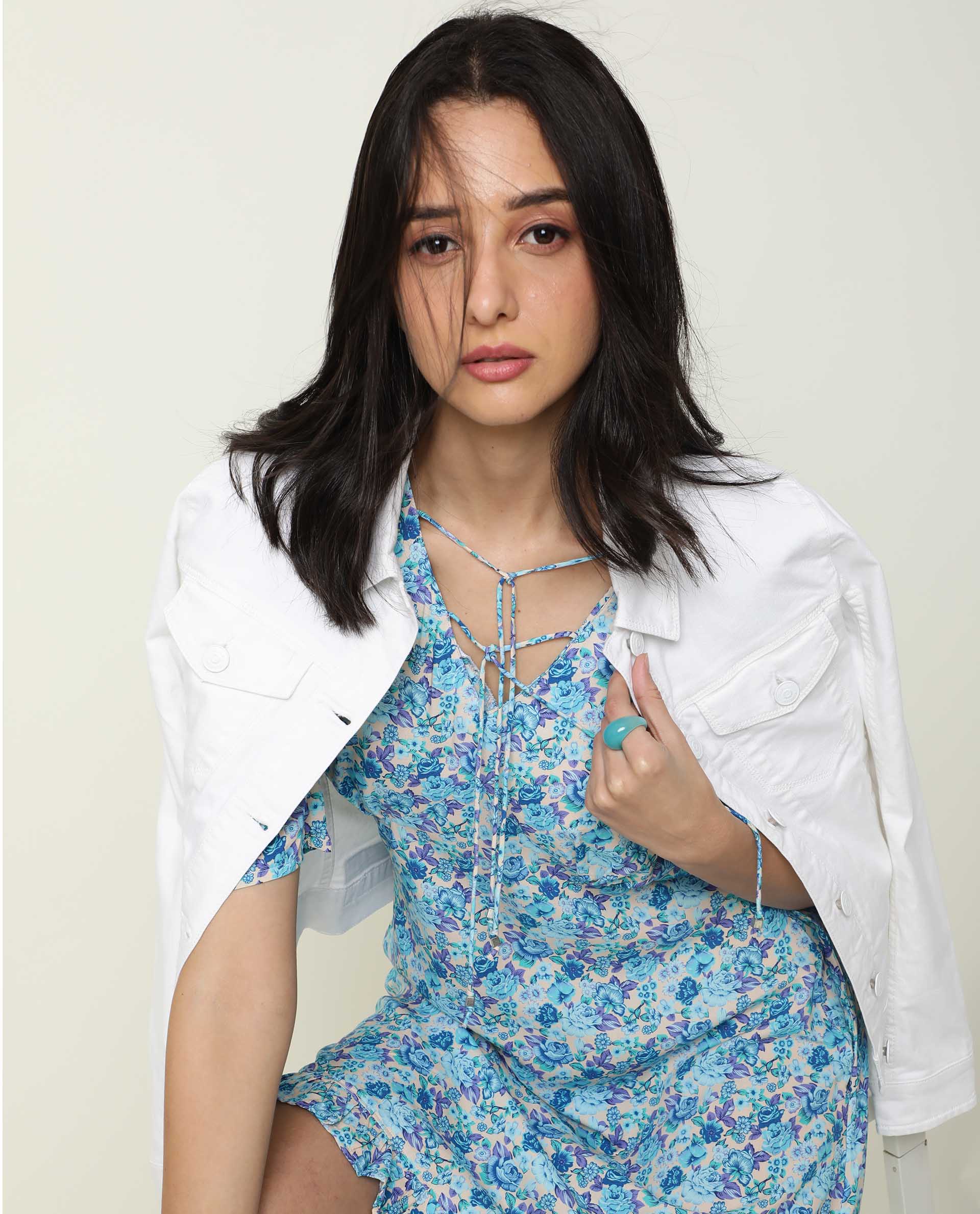 Rareism Women's Eon Blue Viscose V-Neck Floral Print Puff Sleeves Midi Slim Fit Dress