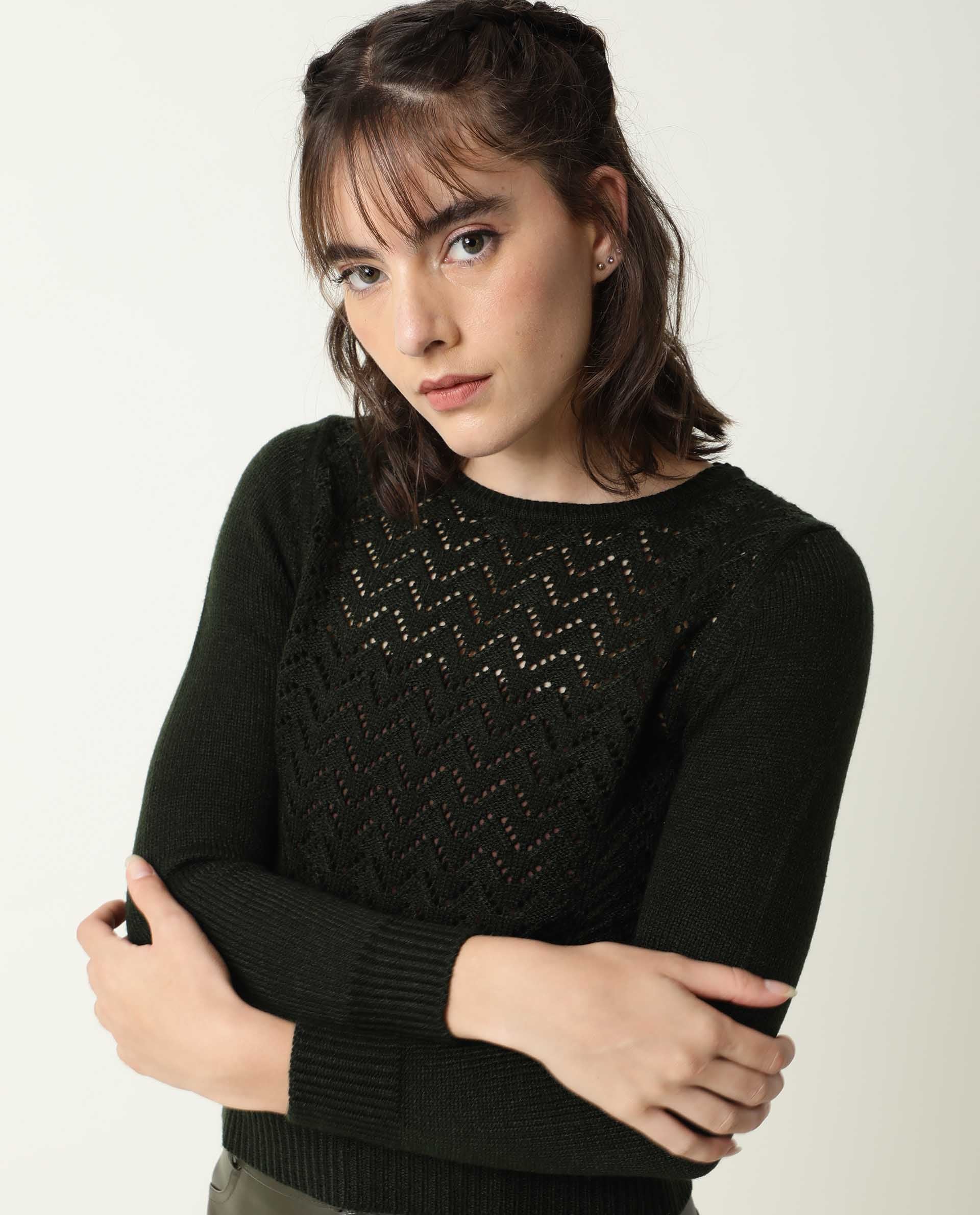 Rareism Women's Sami Olive Acrylic Crew Neck Plain Slim Fit Sweater