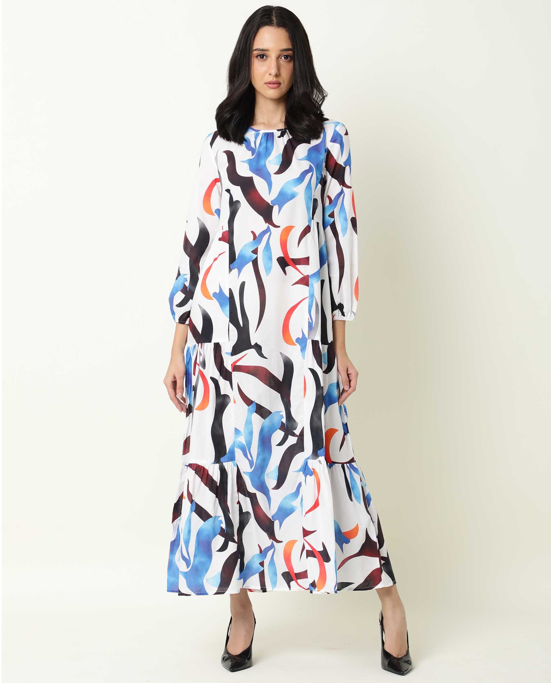 Rareism Women Europe White Abstract Boat Neck 3/4 Sleeves Tiered Maxi Dress