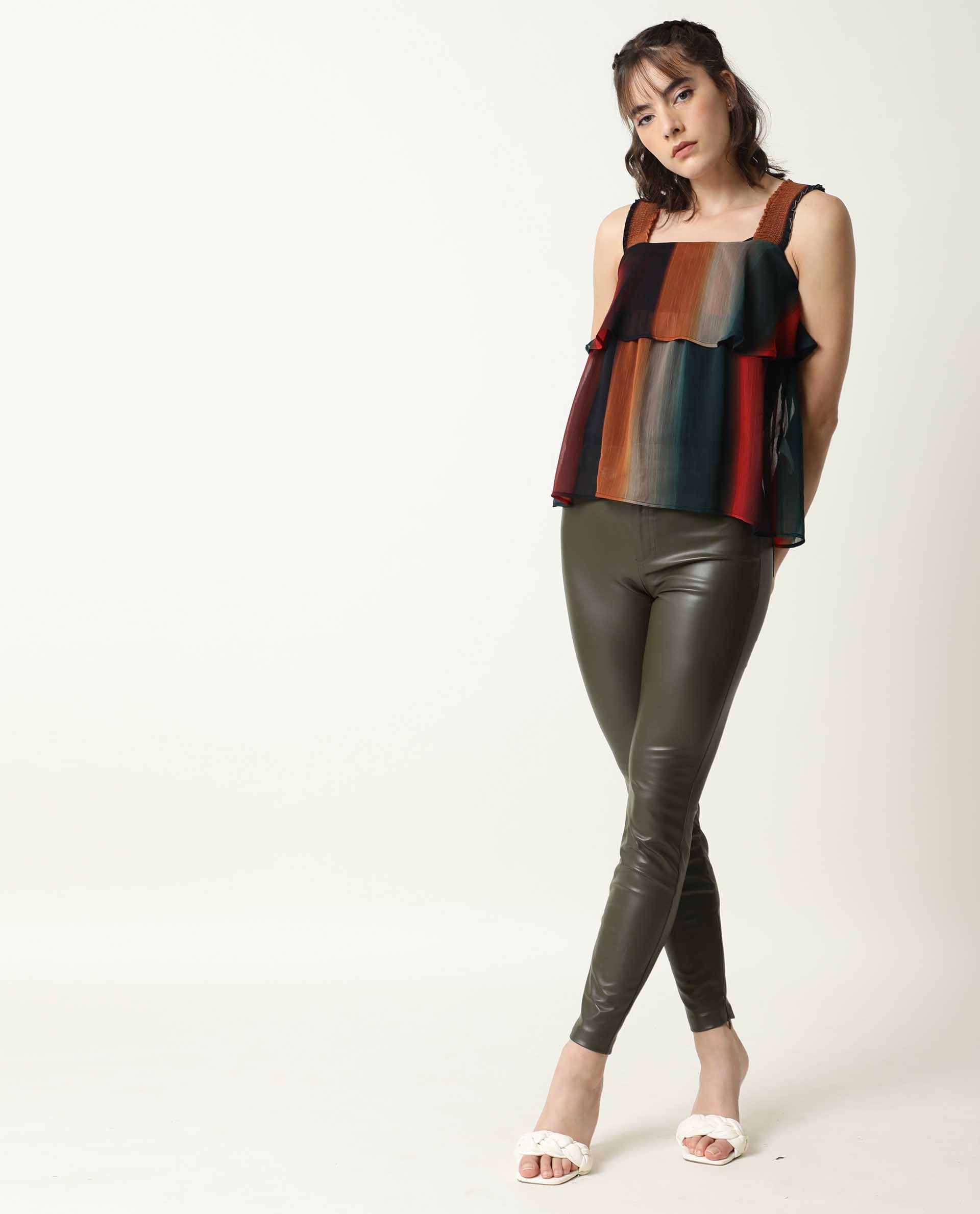 Rareism Women Pepsi Multi Viscose Fabric Regular Fit Cropped Square Neck Sleeveless Striped Top