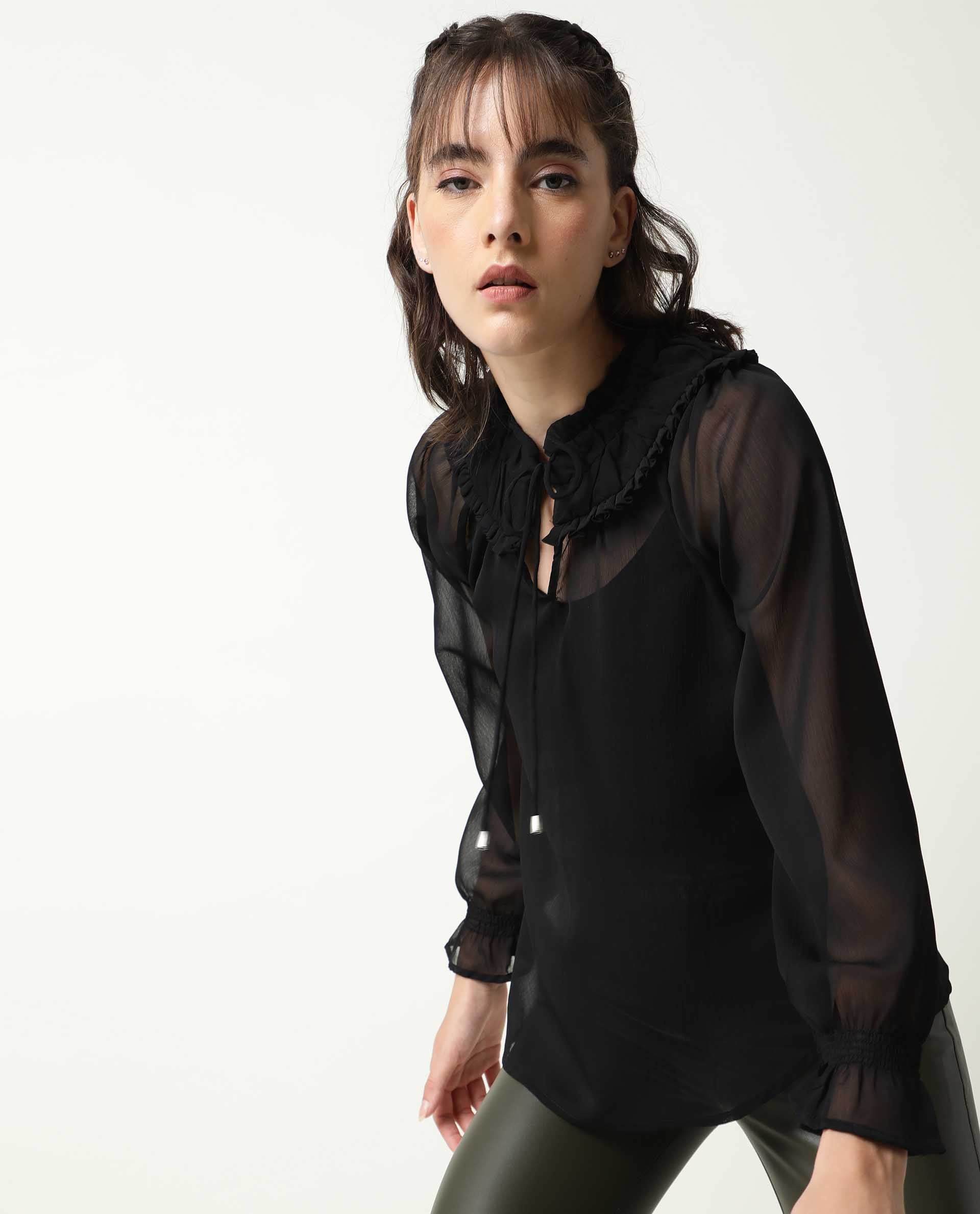 Rareism Women's Pesto Black Viscose Tie-Up Neck Plain Tailored Top