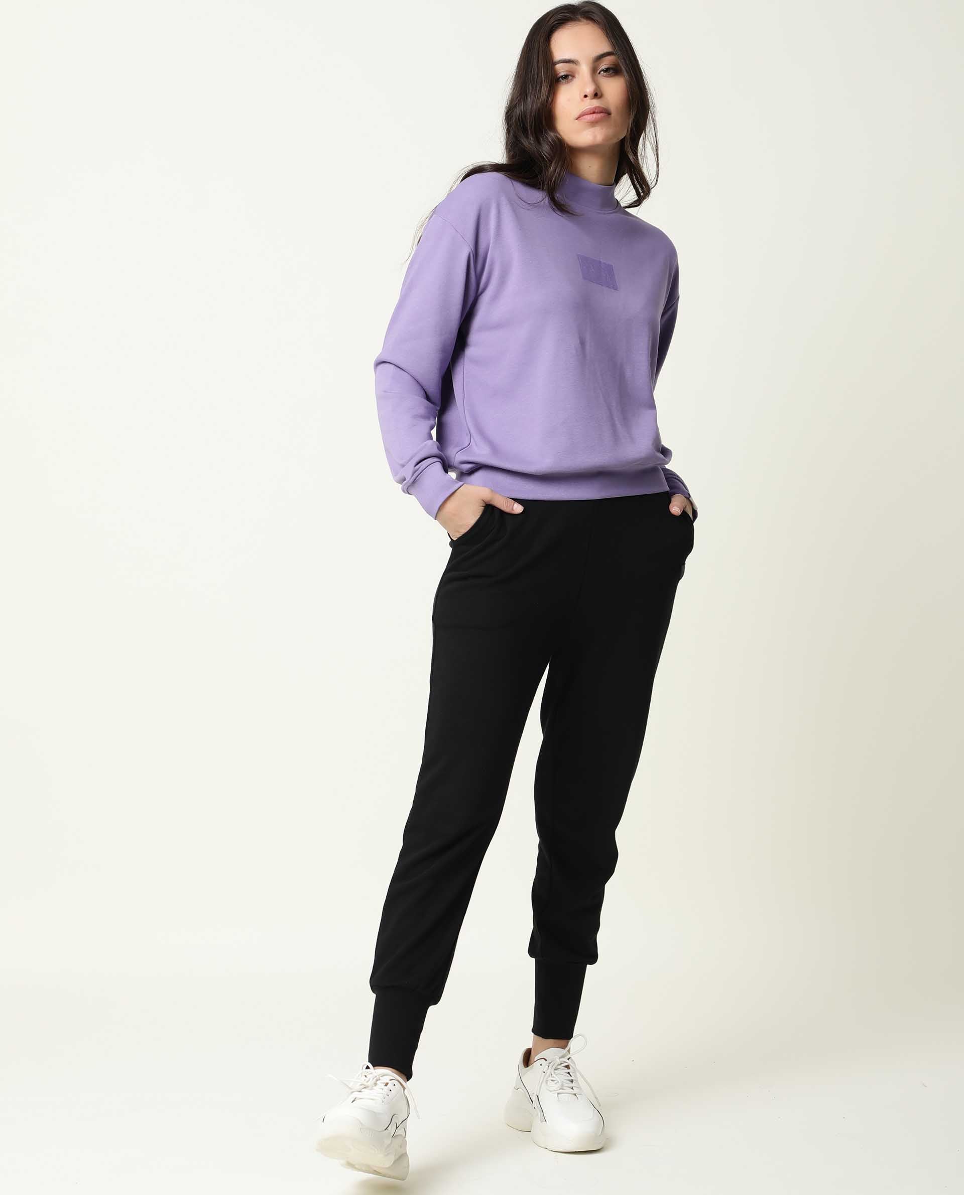 Rareism Women Hectare Pastel Purple Cotton Poly Fabric Relaxed Fit Full Sleeves Solid High Neck Sweatshirt