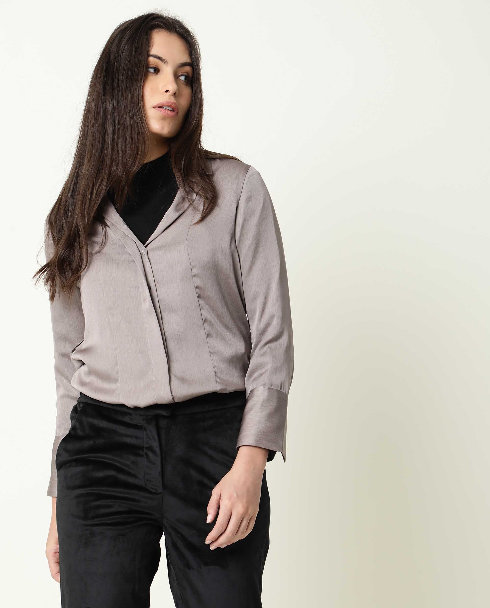 Rareism Womens Wandy Beige Top Polyester Fabric Full Sleeve Collared Neck