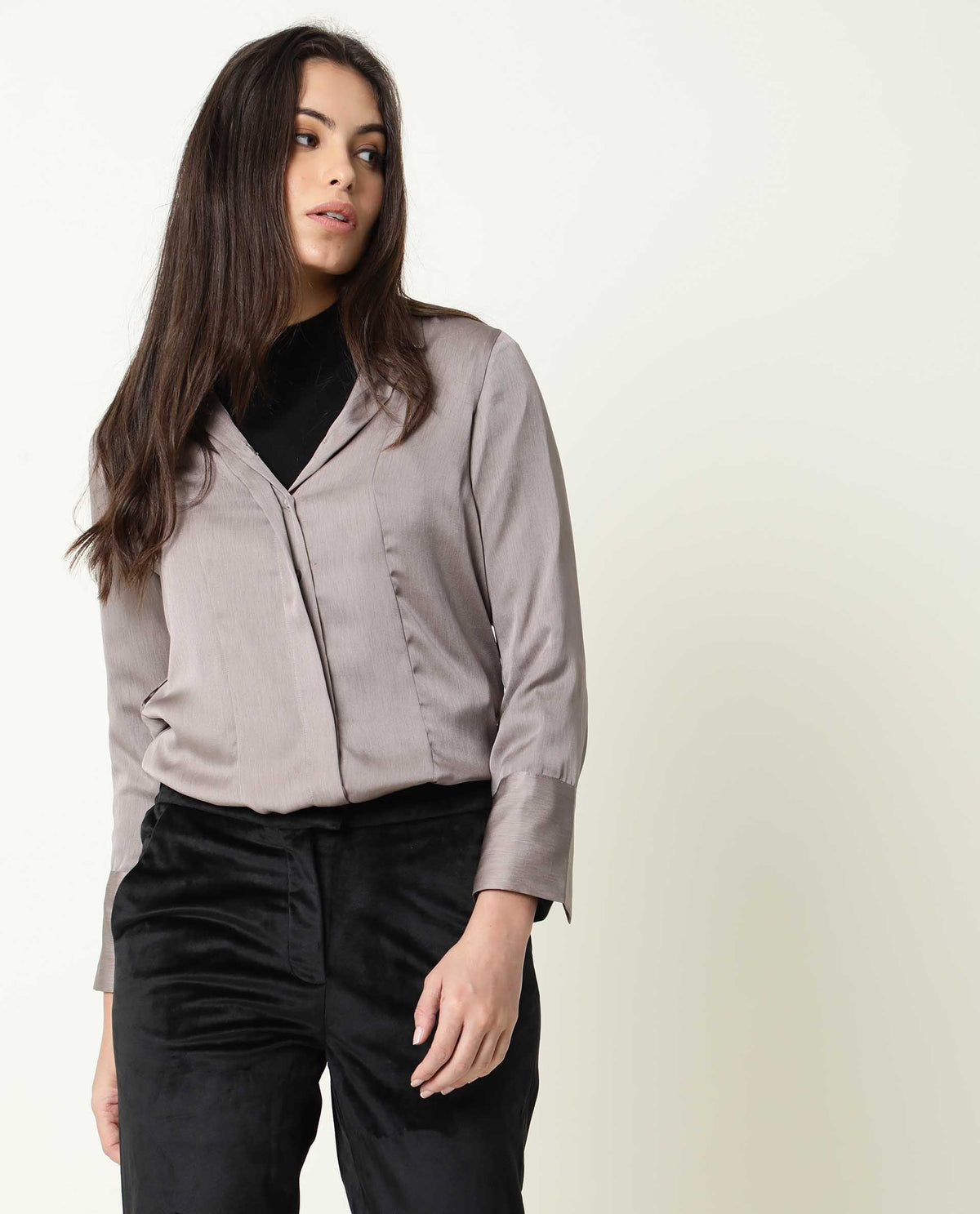Rareism Womens Wandy Beige Top Polyester Fabric Full Sleeve Collared Neck