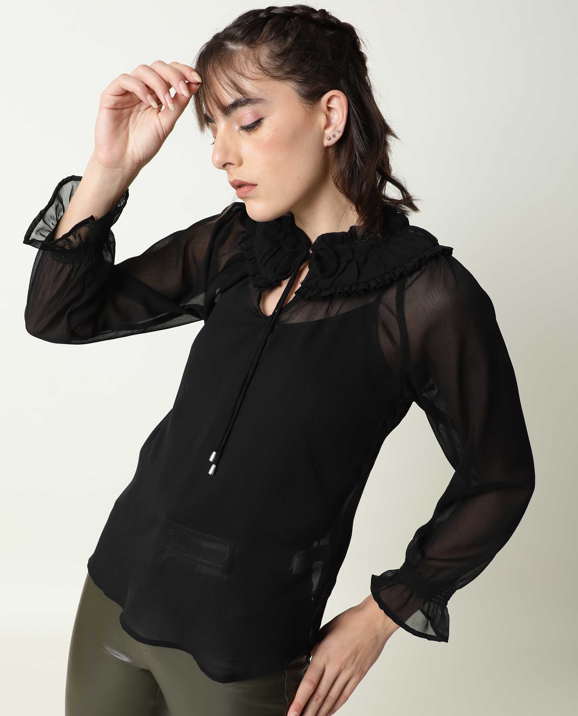Rareism Women's Pesto Black Viscose Tie-Up Neck Plain Tailored Top