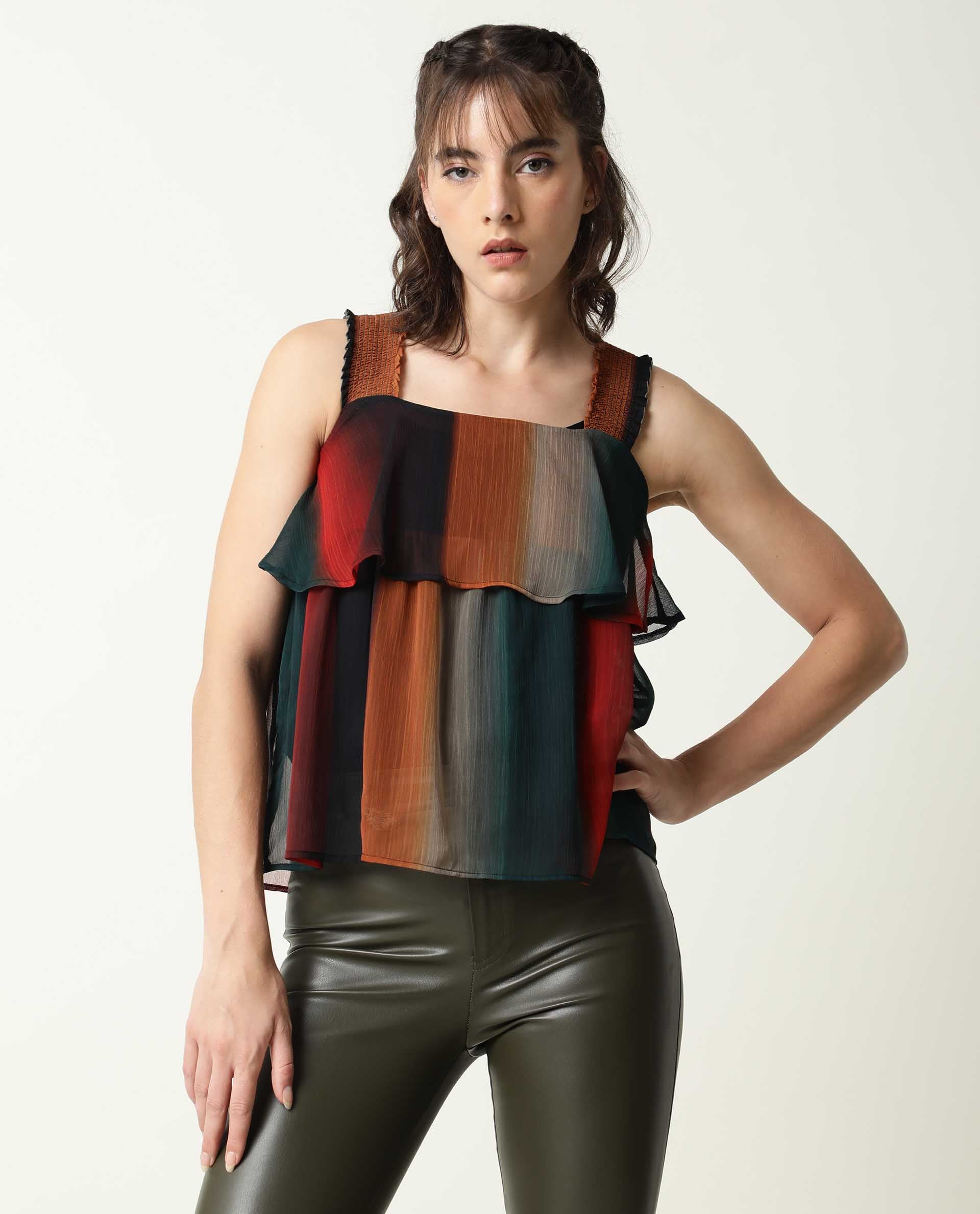 Rareism Women Pepsi Multi Viscose Fabric Regular Fit Cropped Square Neck Sleeveless Striped Top