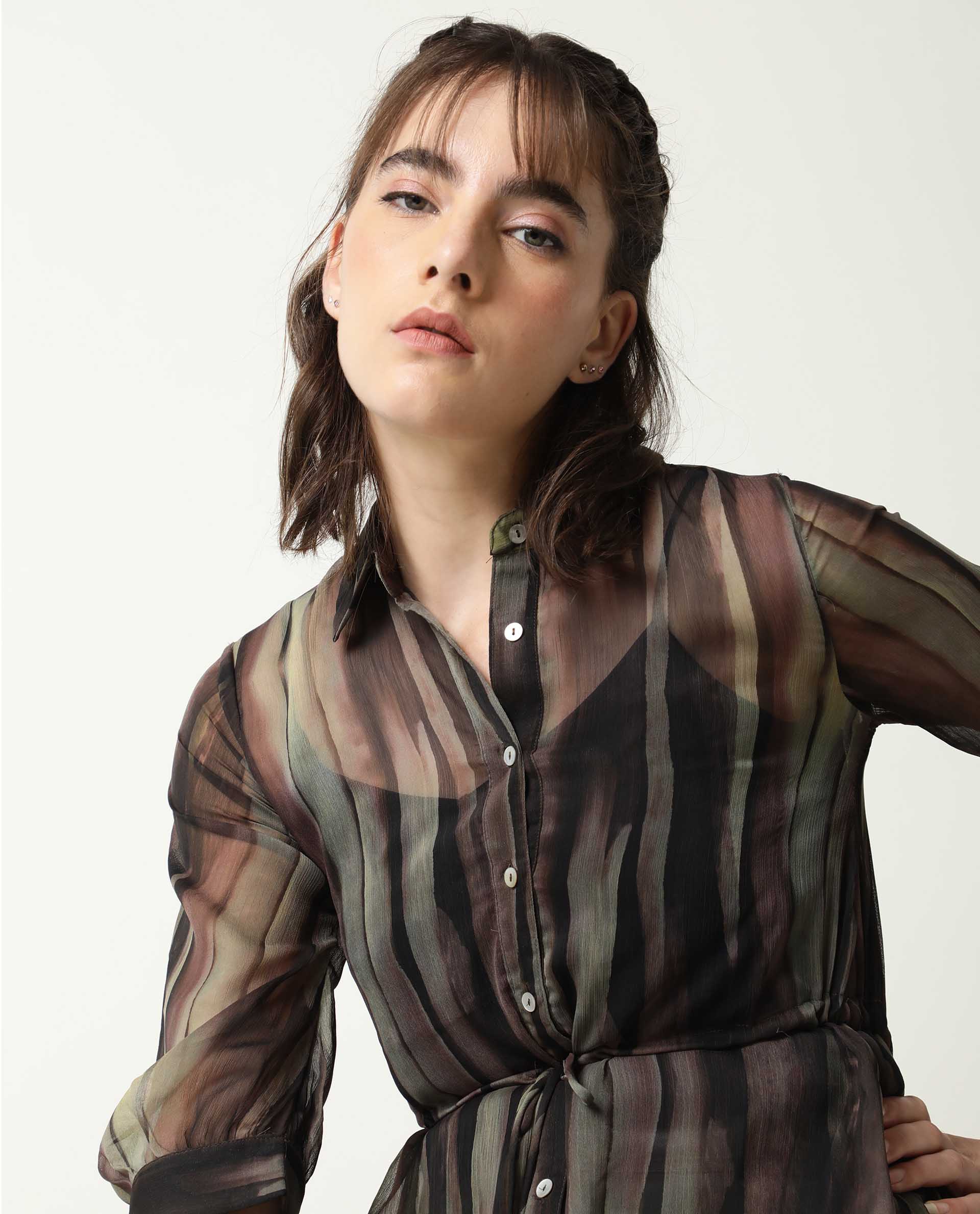 Rareism Women Klepto Green Striped Shirt Collar Half Sleeves With Front Full Button Closure Placket And Pocket Midi Dress