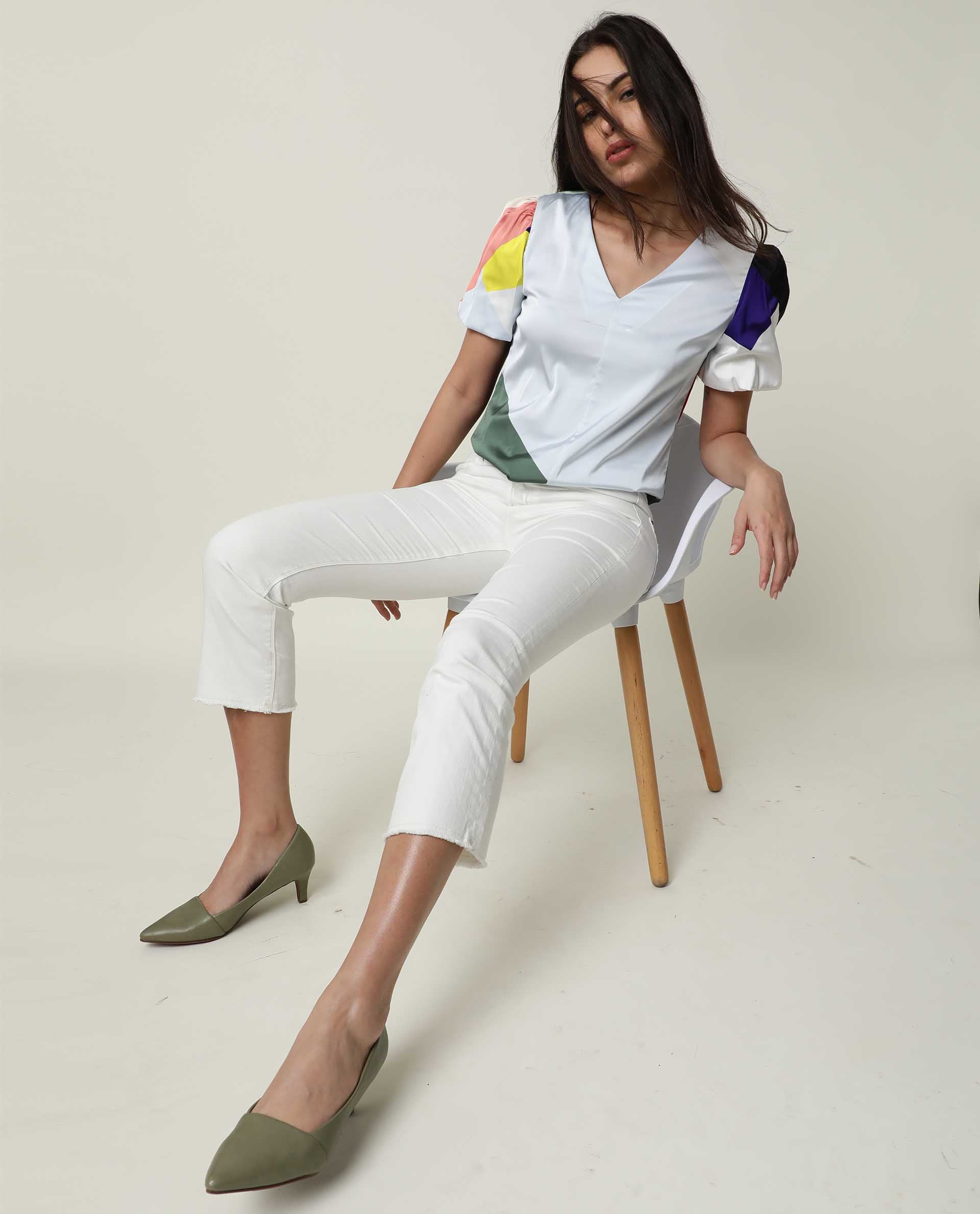 Rareism Women Valve Multi Modal Fabric Relaxed Fit Cropped V-Neck Half Sleeves Abstract Print Top