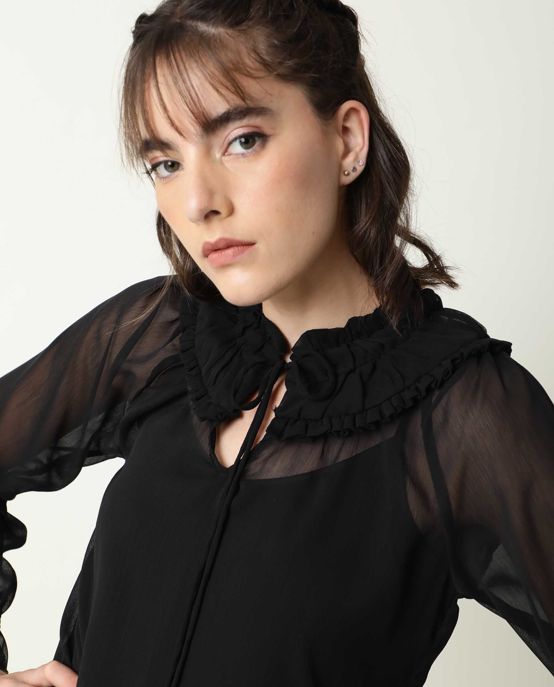 Rareism Women's Pesto Black Viscose Tie-Up Neck Plain Tailored Top