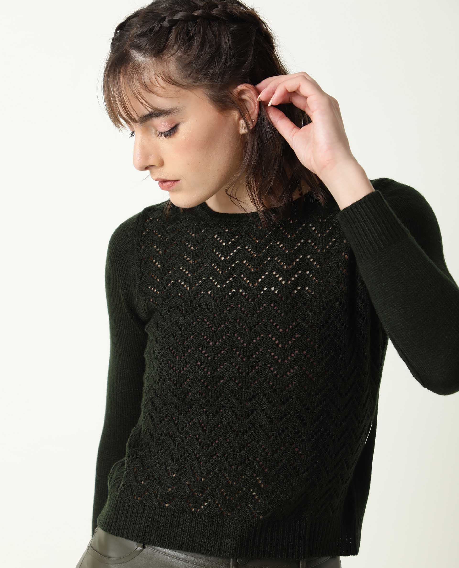 Rareism Women's Sami Olive Acrylic Crew Neck Plain Slim Fit Sweater