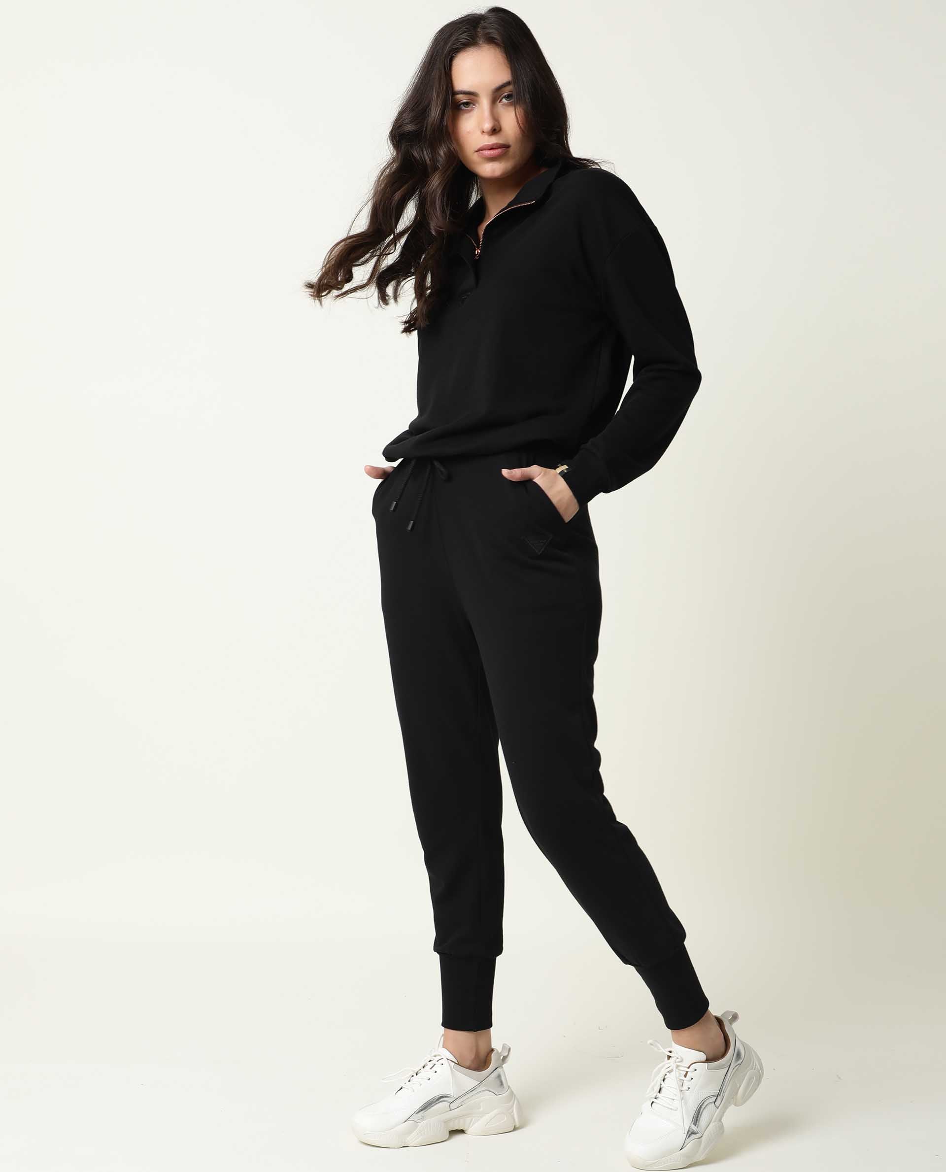 Rareism Women Taffy-1 Black Relaxed Fit Full Sleeves Solid High Neck Sweatshirt