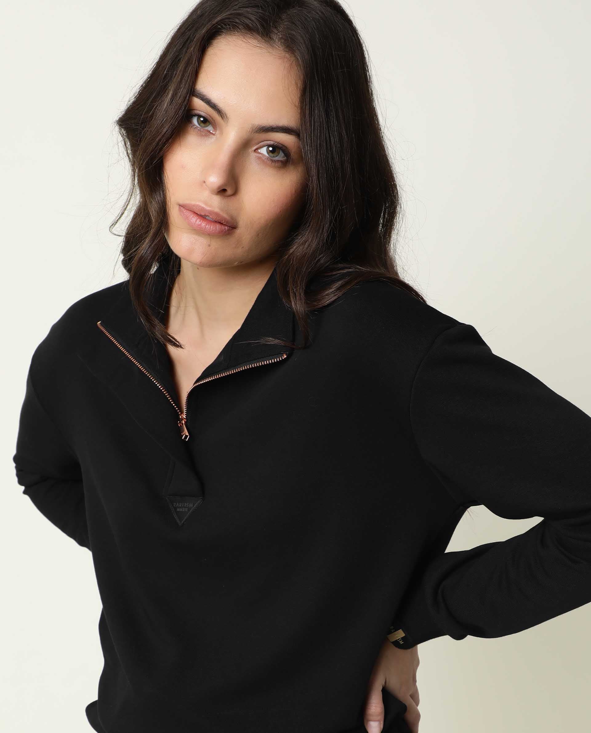 Rareism Women Taffy-1 Black Relaxed Fit Full Sleeves Solid High Neck Sweatshirt