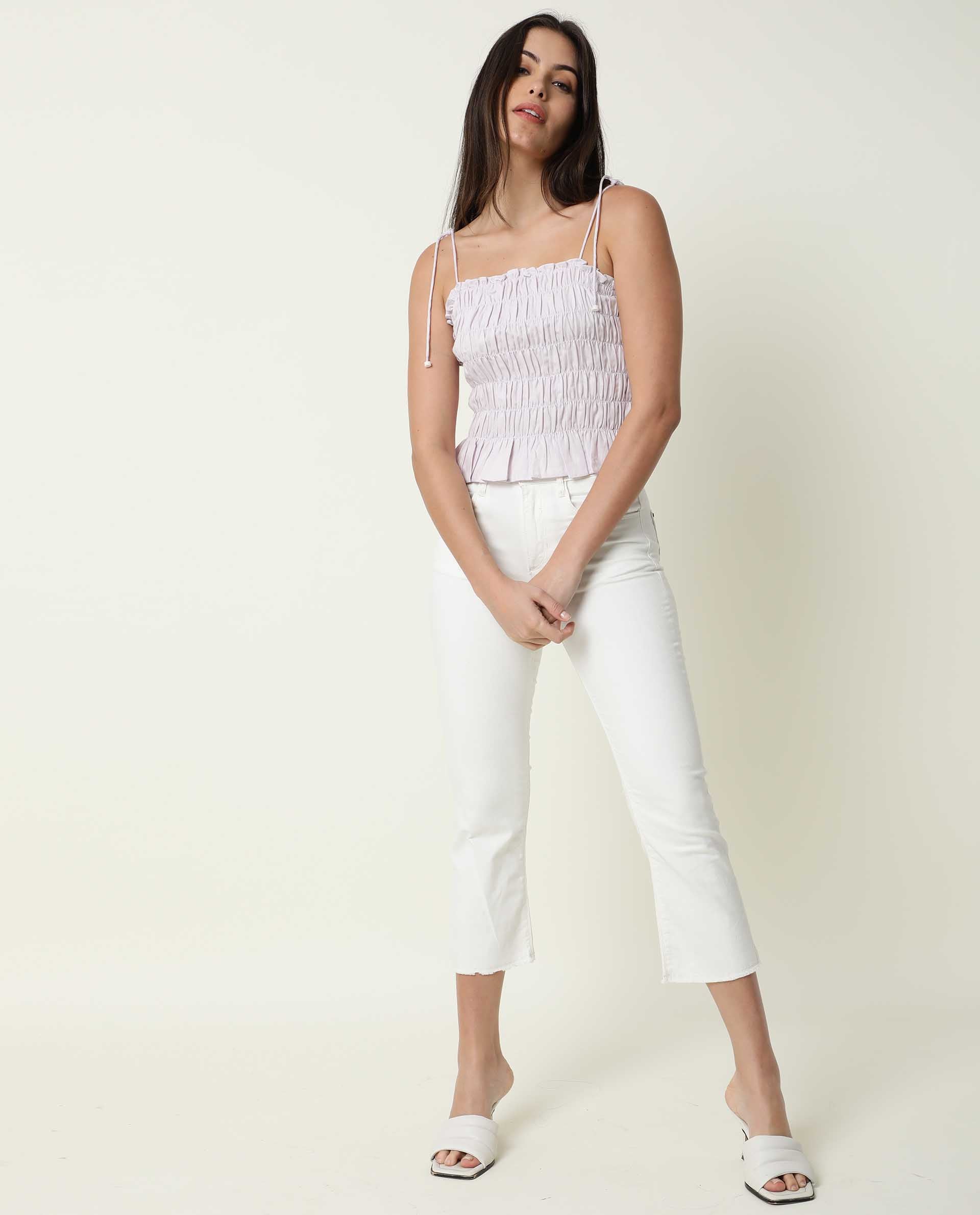 Rareism Womens Mappy Lilac Top Cotton Linen Fabric Sleeveless Square Neck