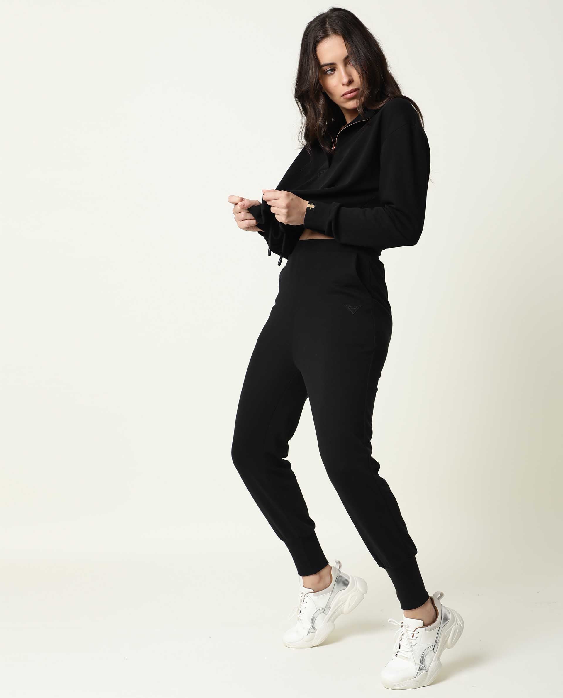 Rareism Women Simp-1 Black Poly Cotton Fabric Regular Fit Solid Mid Rise Ankle Length Track Pant
