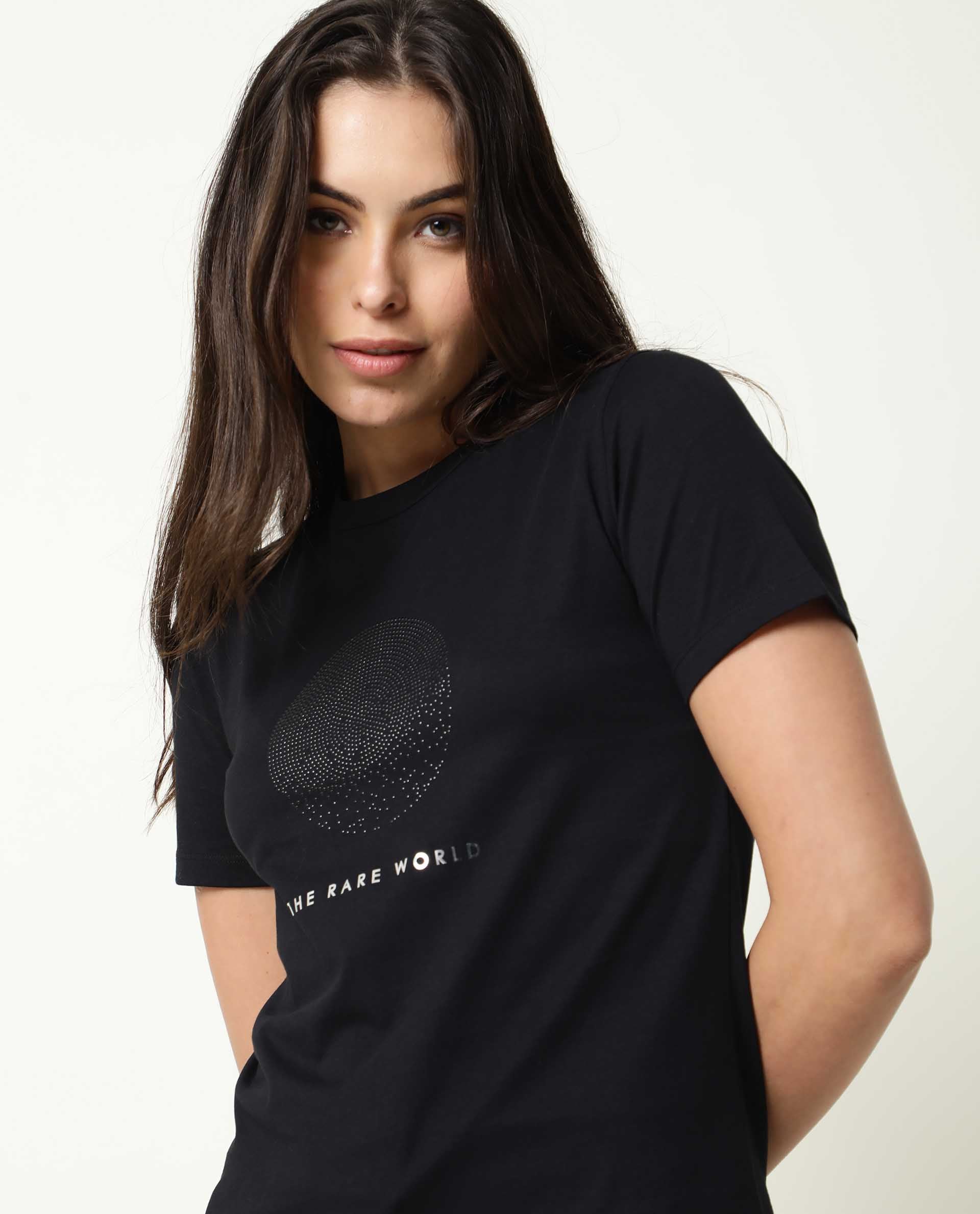 Rareism Womens Moya Black T-Shirt Cotton Fabric Regular Fit Half Sleeve Crew Neck