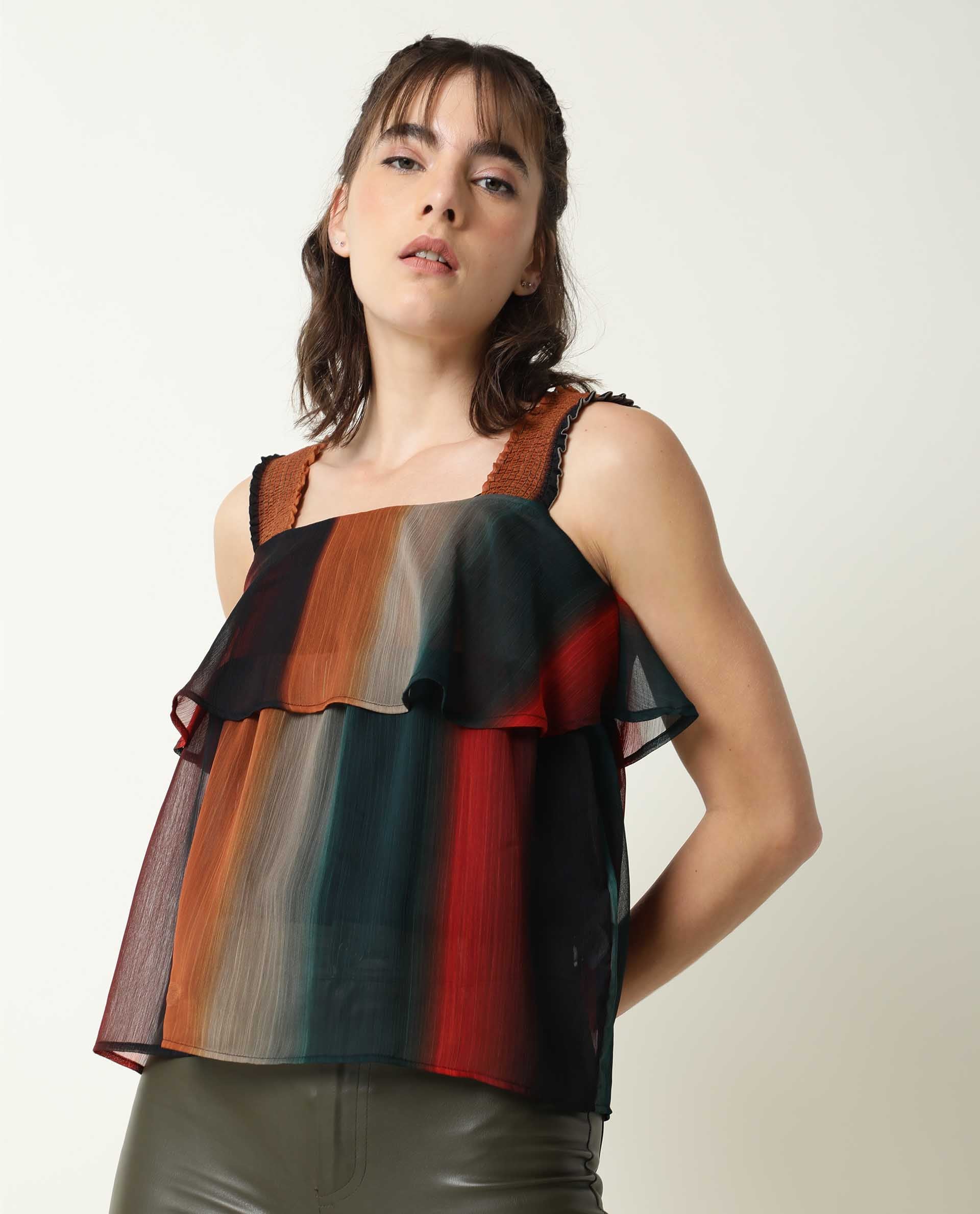 Rareism Women Pepsi Multi Viscose Fabric Regular Fit Cropped Square Neck Sleeveless Striped Top