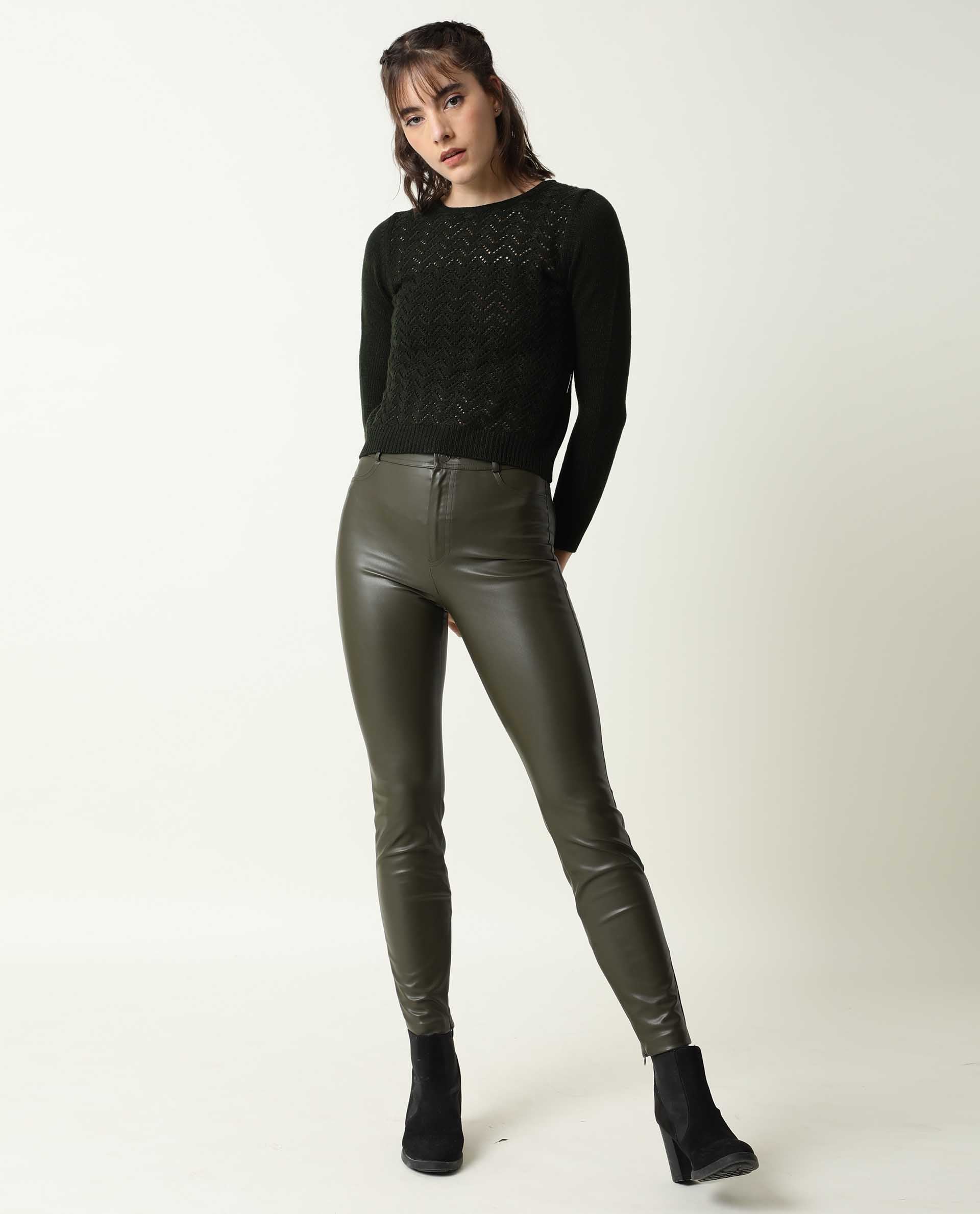 Rareism Women's Sami Olive Acrylic Crew Neck Plain Slim Fit Sweater