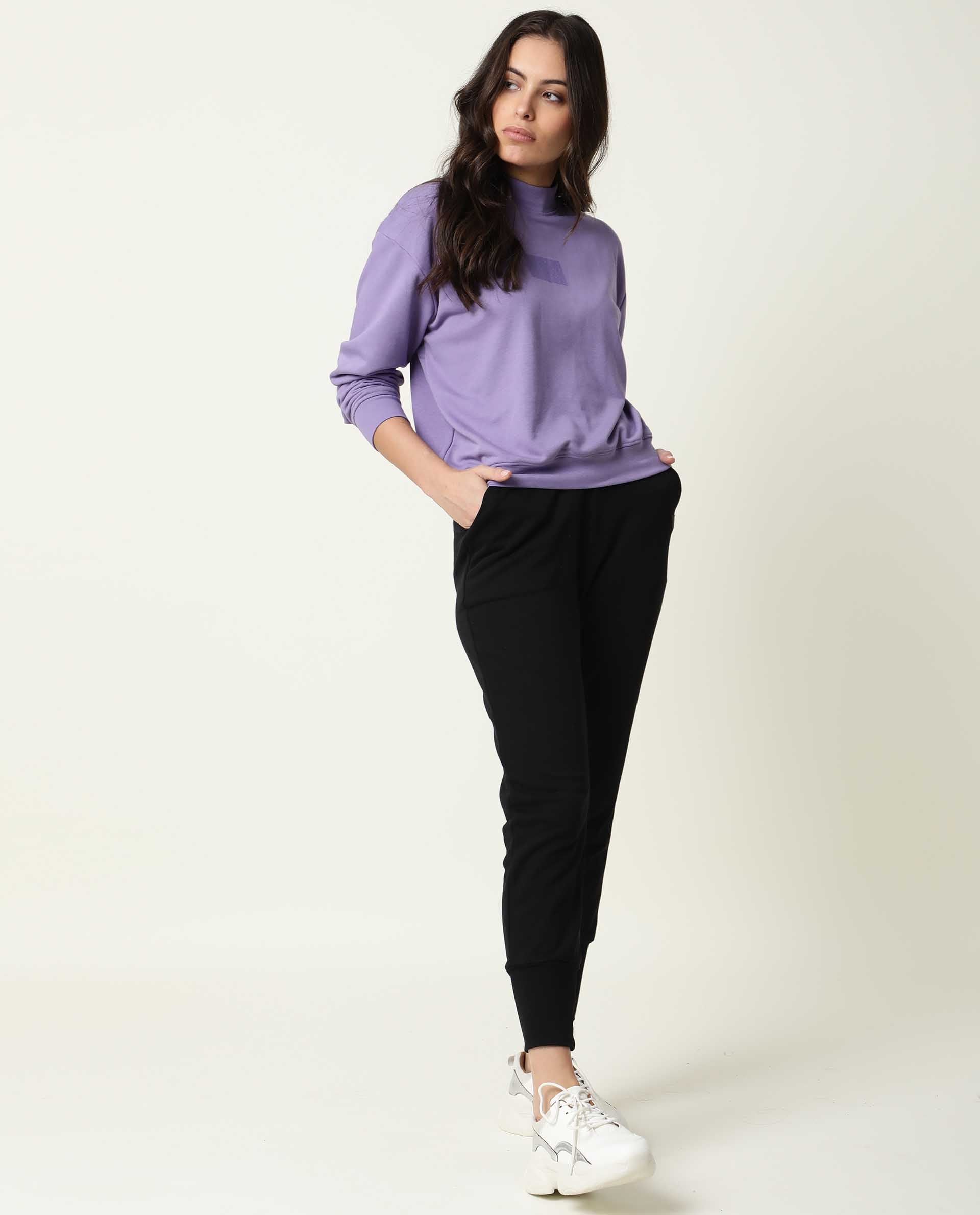 Rareism Women Hectare Pastel Purple Cotton Poly Fabric Relaxed Fit Full Sleeves Solid High Neck Sweatshirt