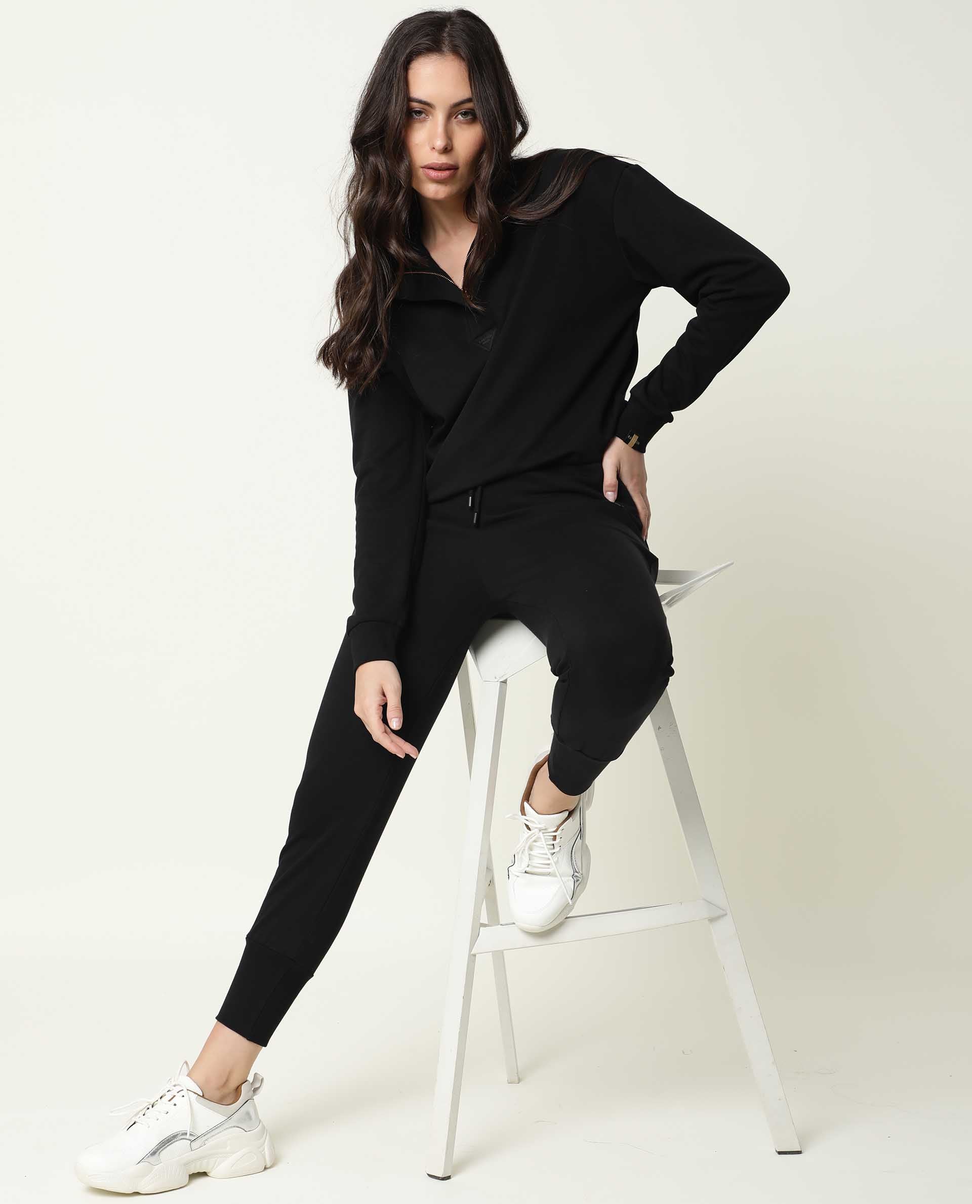 Rareism Women Taffy-1 Black Relaxed Fit Full Sleeves Solid High Neck Sweatshirt