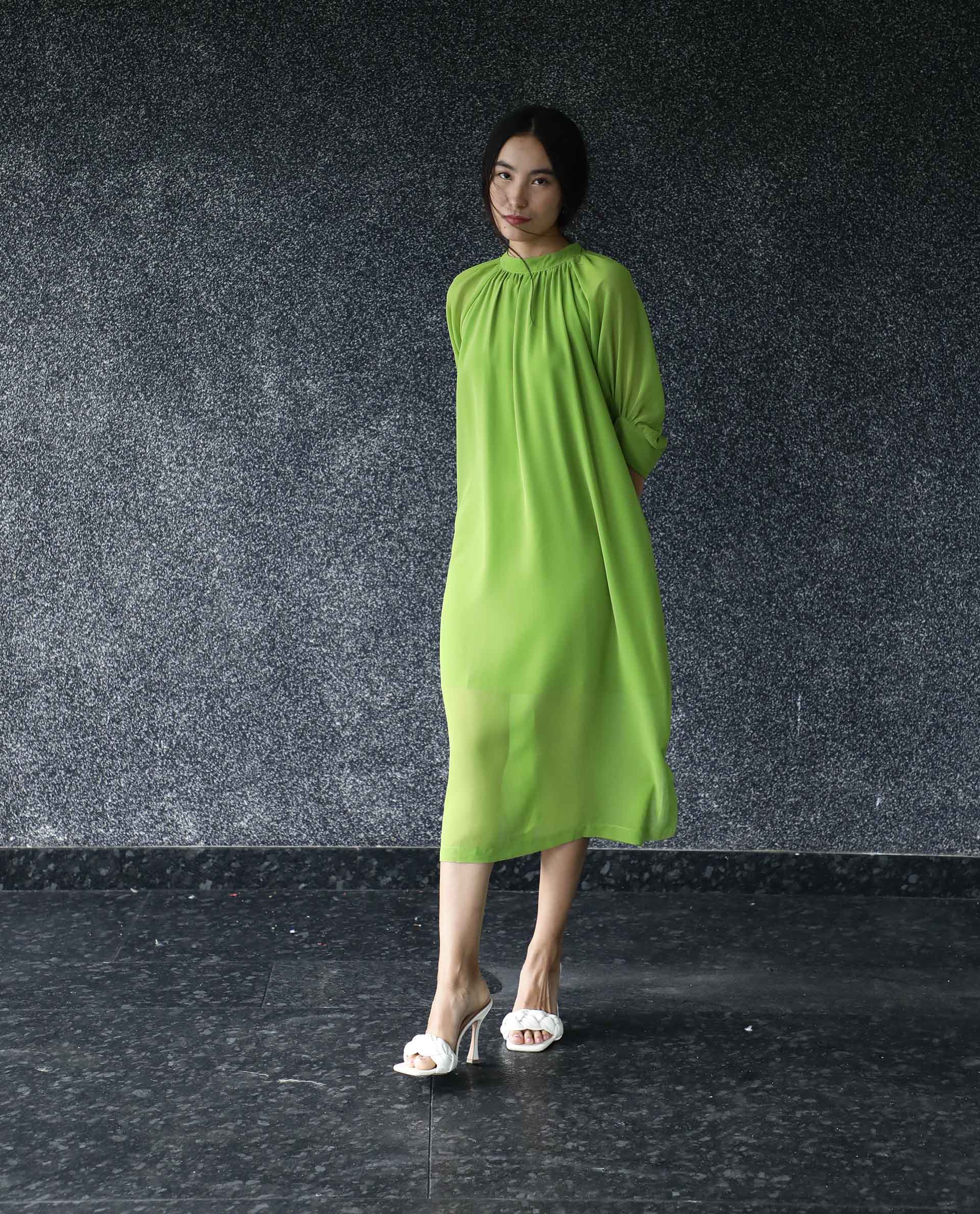 Rareism Women Frag Green High Collared Neck With Gathers Short Sleeves With Cuff Back Button Closure Midi Dress