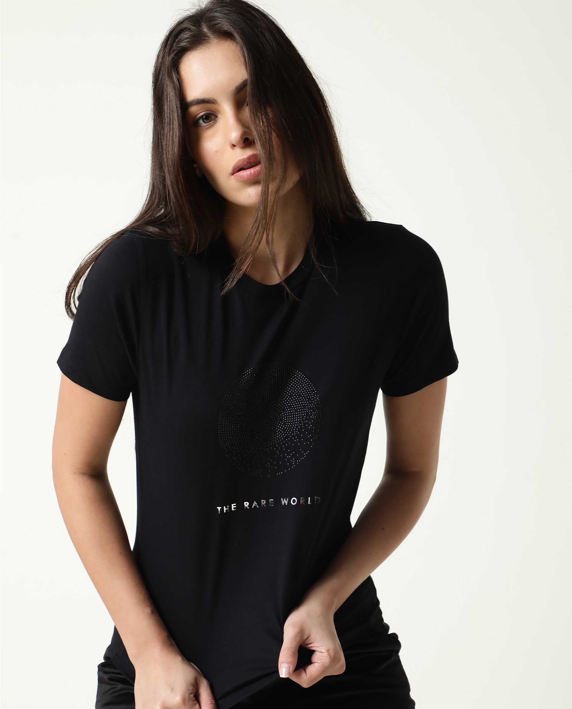 Rareism Womens Moya Black T-Shirt Cotton Fabric Regular Fit Half Sleeve Crew Neck