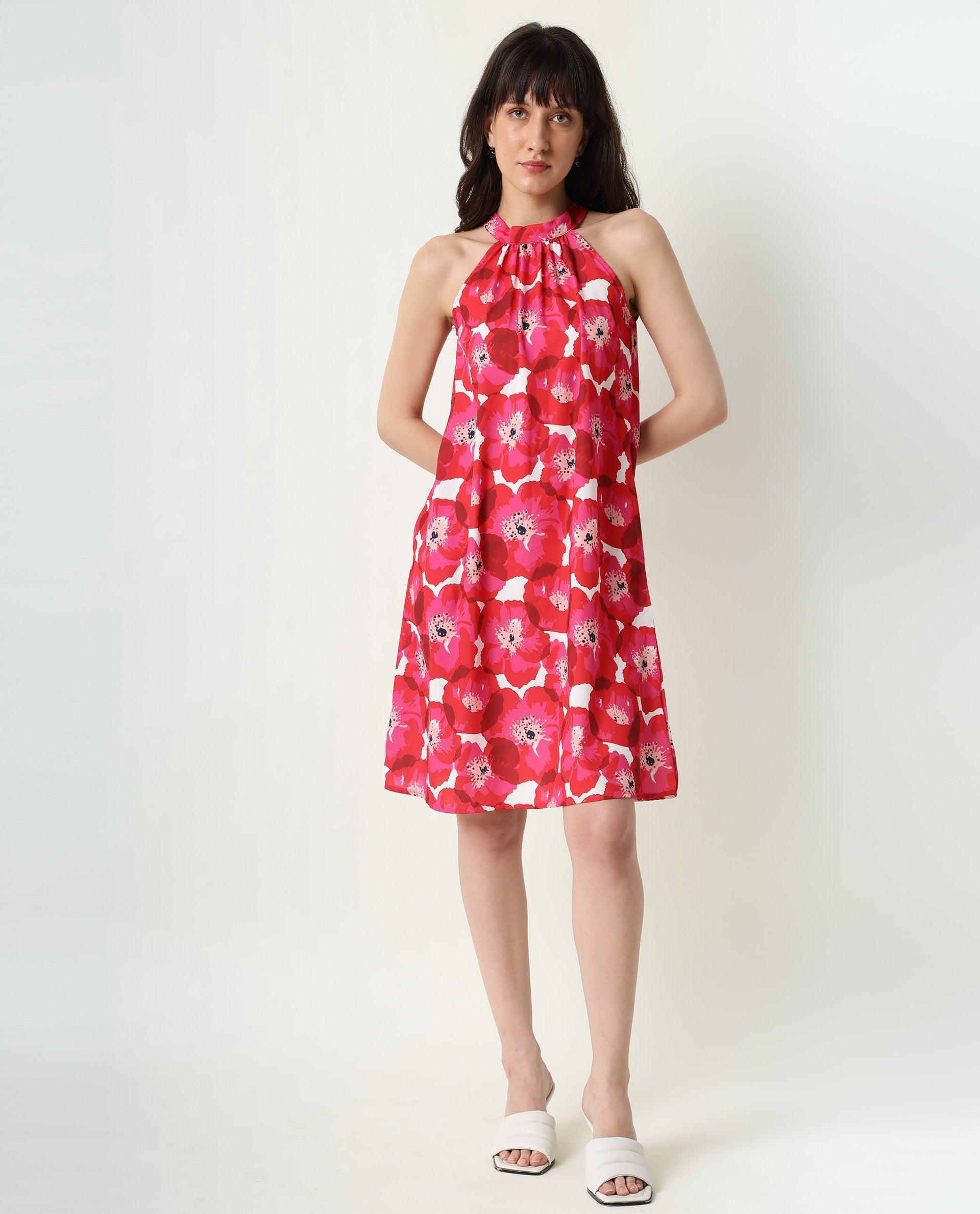 Rareism Women Oasis Red Floral Print Gathered Halter Neck Sleeveless With Pockets Knee Length Dress