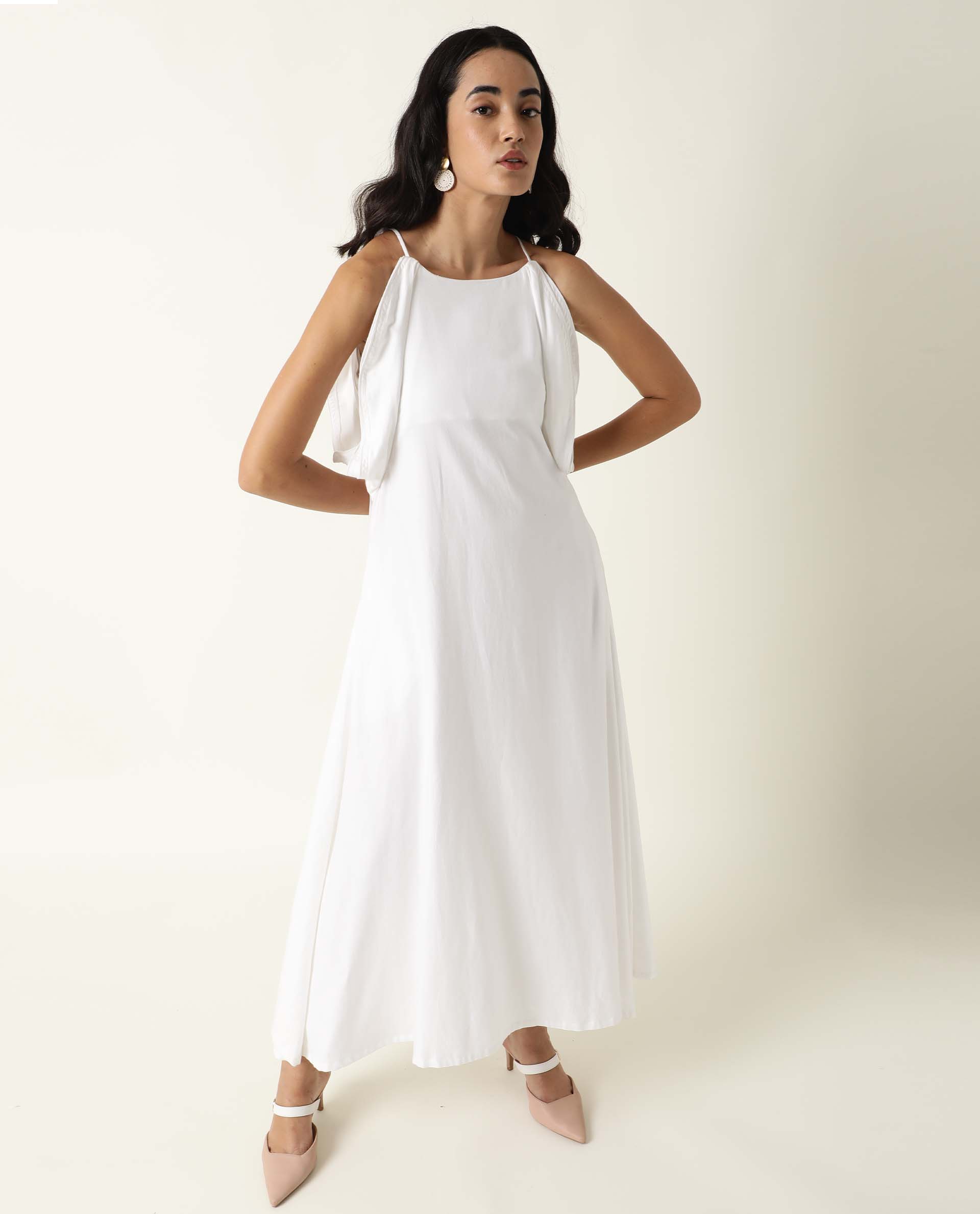 Rareism Women's Acron White Tencel Shoulder Strap Plain Sleeveless Maxi Regular Fit Dress