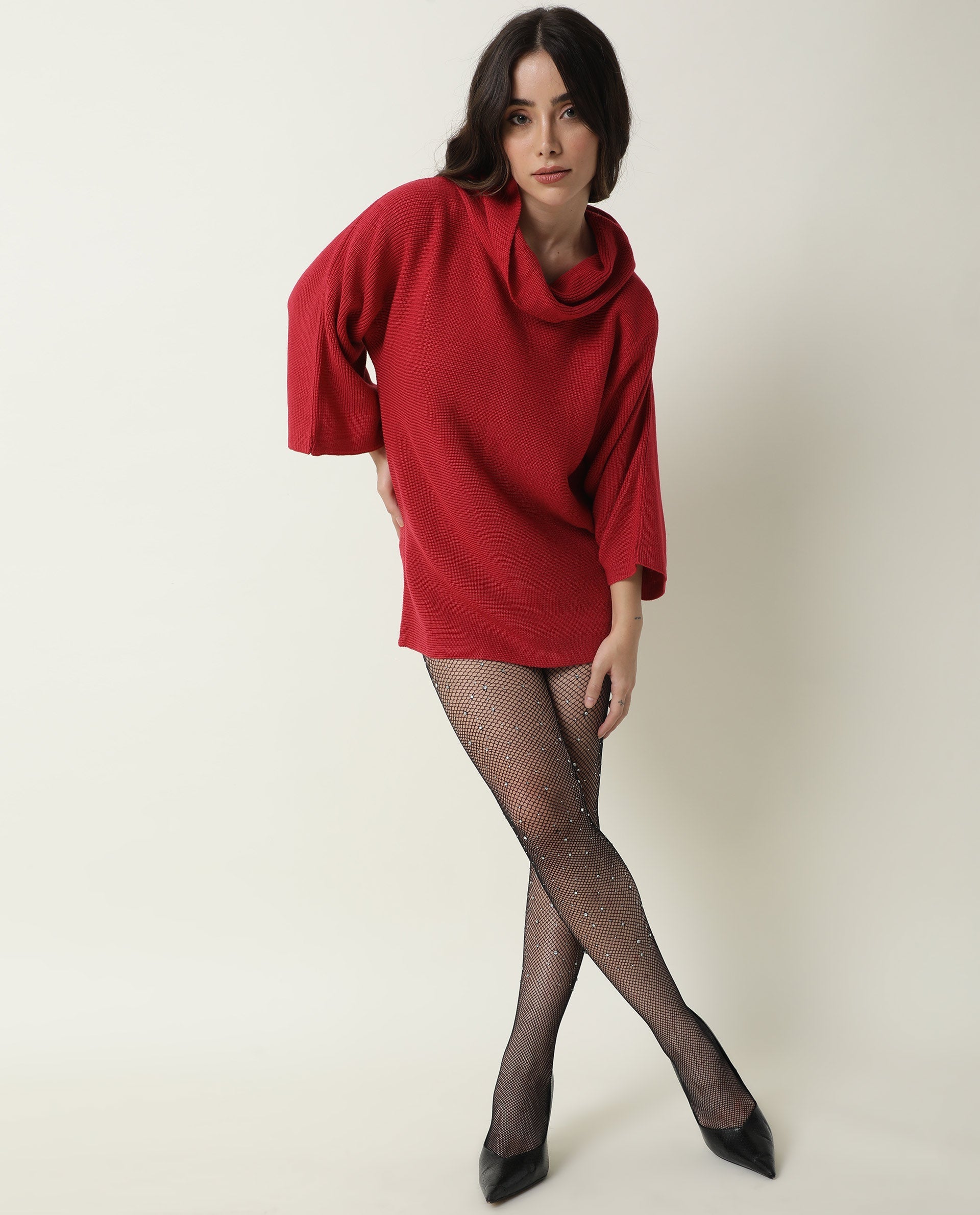 Rareism Women Sasho Pink Acrylic Fabric 3/4Th Sleeves Relaxed Fit Solid Cowl Neck Sweater