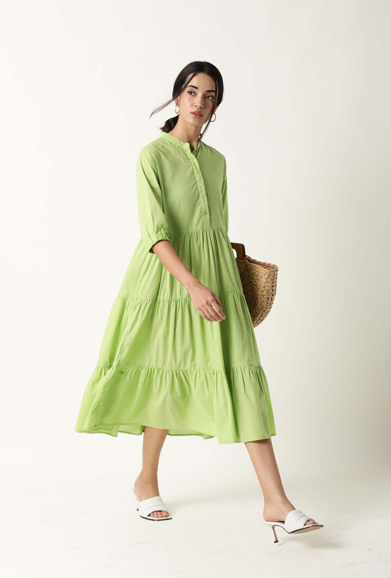 Rareism Womens Intro Green Dress Cotton Fabric Regular Fit Puff Sleeves Mandarin Neck