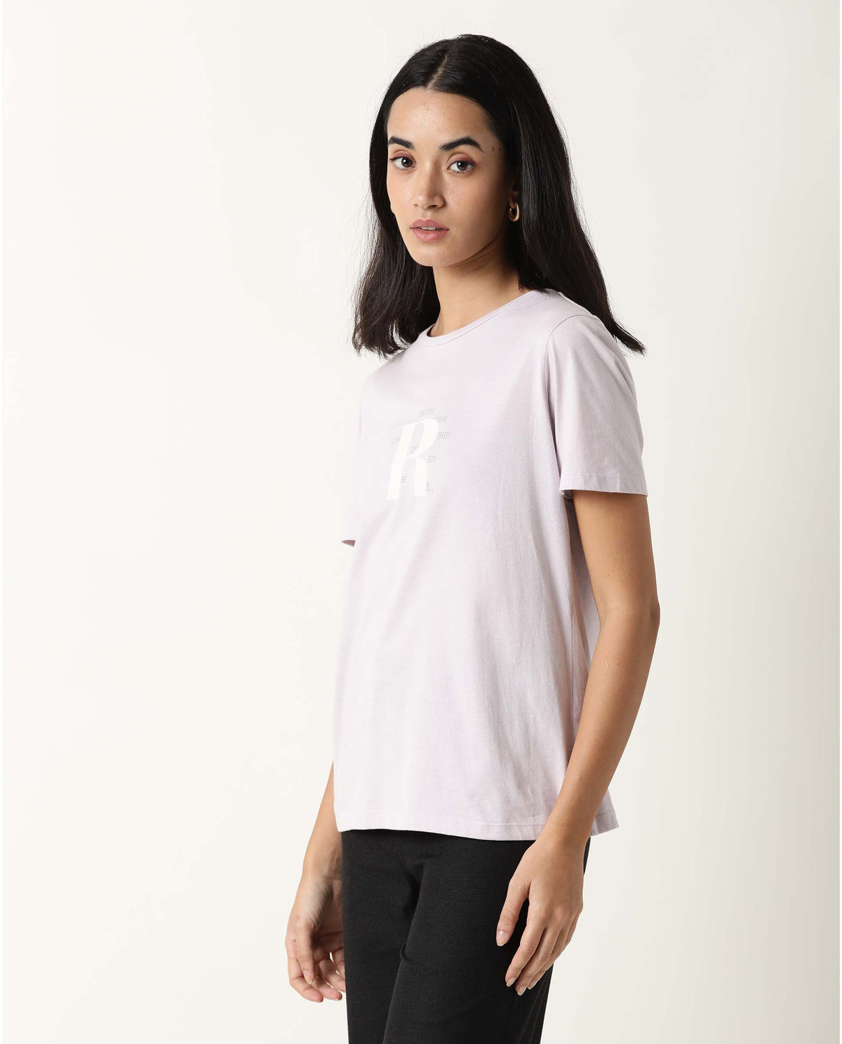 Rareism Women Moes Pastel Purple Cotton Fabric Regular Fit Half Sleeves Graphic Print Crew Neck T-Shirt