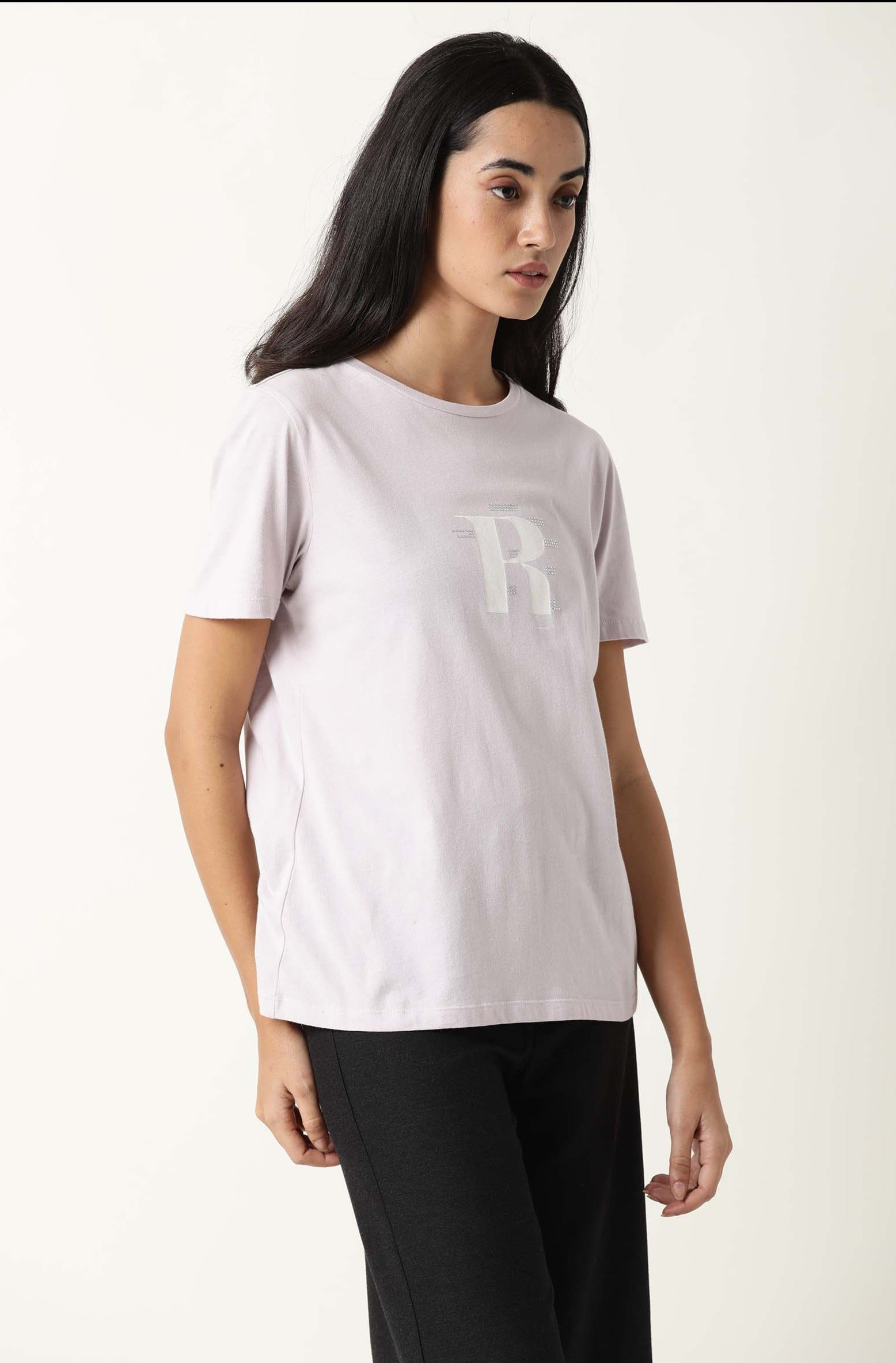Rareism Women Moes Pastel Purple Cotton Fabric Regular Fit Half Sleeves Graphic Print Crew Neck T-Shirt