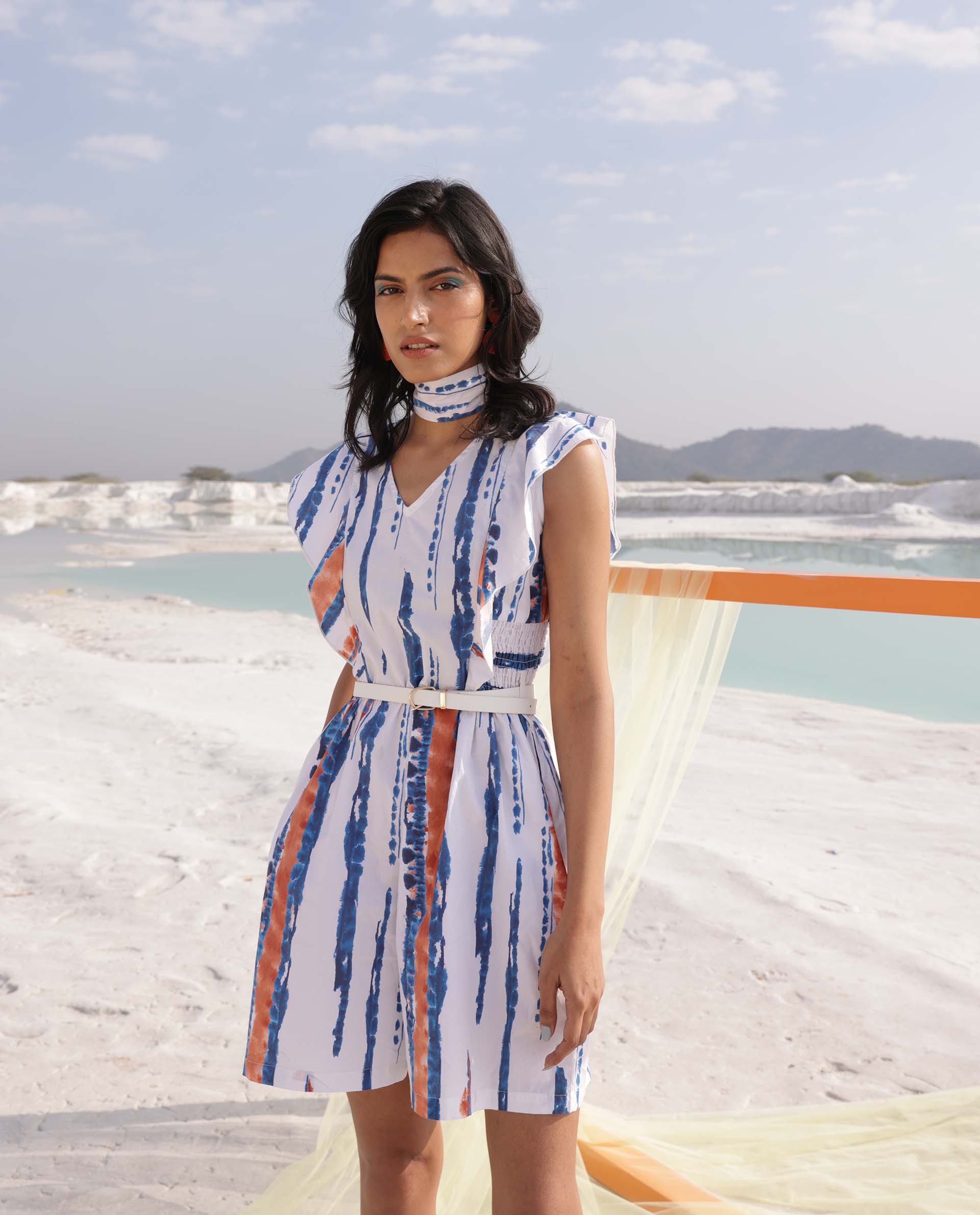 Rareism Women Camera Off White Cotton Fabric Regular Fit V-Neck Solid Playsuit