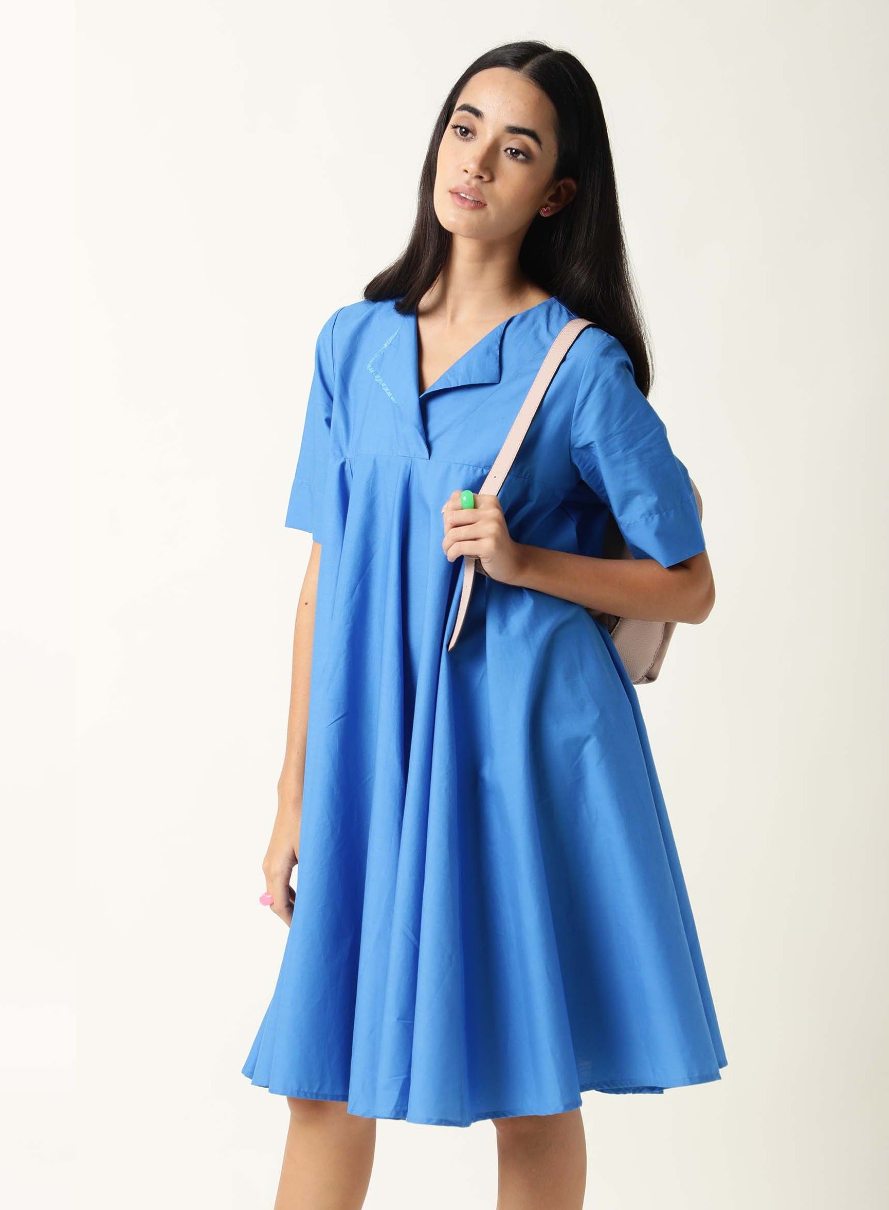 Rareism Women's Array Blue Cotton Lapel Neck Plain Knee Length Relaxed Fit Dress
