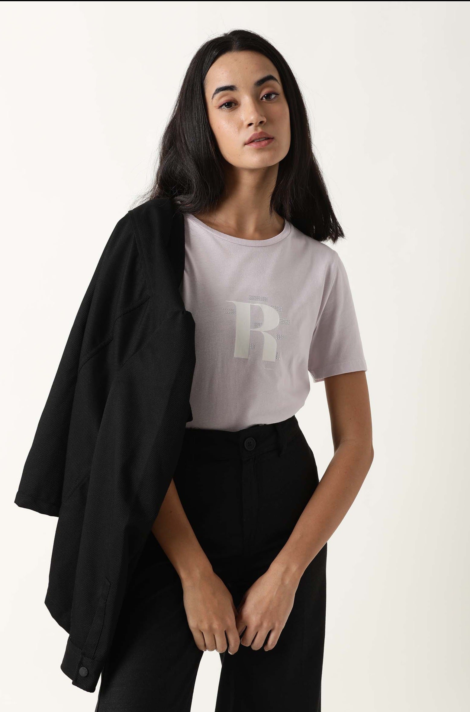 Rareism Women Moes Pastel Purple Cotton Fabric Regular Fit Half Sleeves Graphic Print Crew Neck T-Shirt