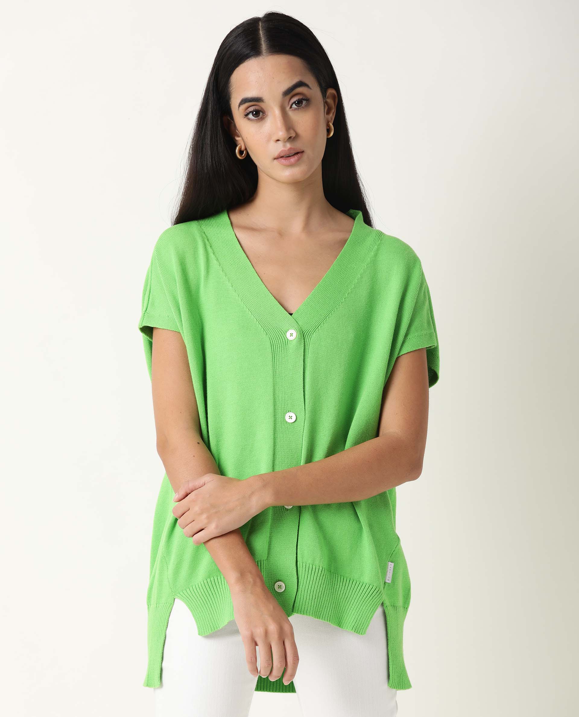 Rareism Women's Pave Lime Cotton V-Neck Plain Extended Sleeves Regular Fit Sweater
