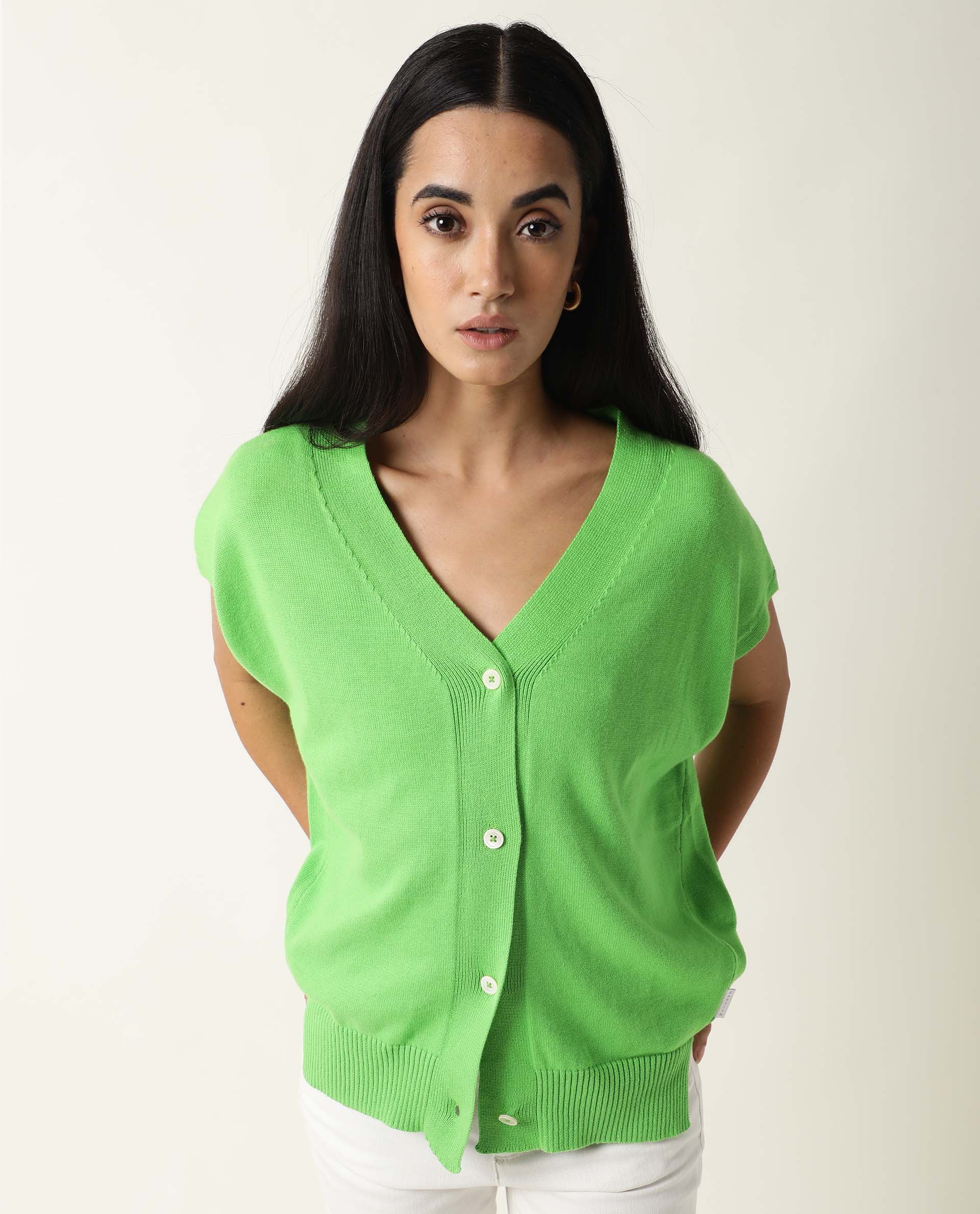 Rareism Women's Pave Lime Cotton V-Neck Plain Extended Sleeves Regular Fit Sweater