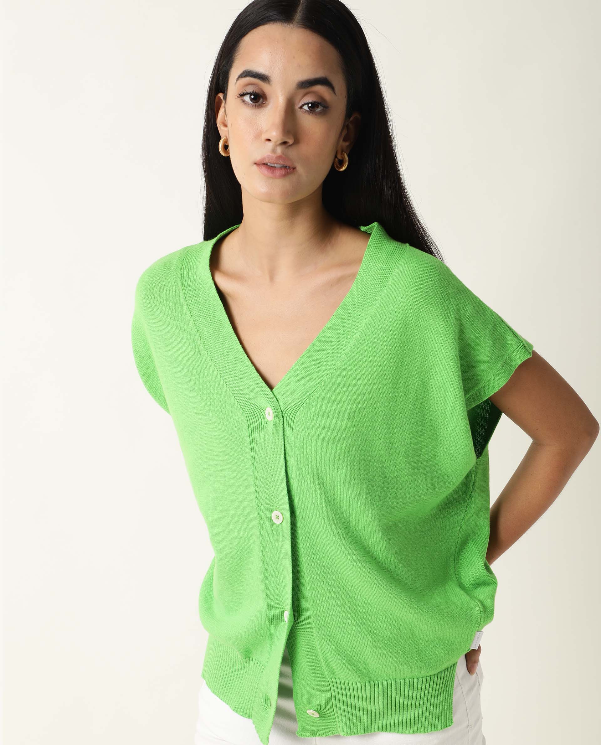 Rareism Women's Pave Lime Cotton V-Neck Plain Extended Sleeves Regular Fit Sweater