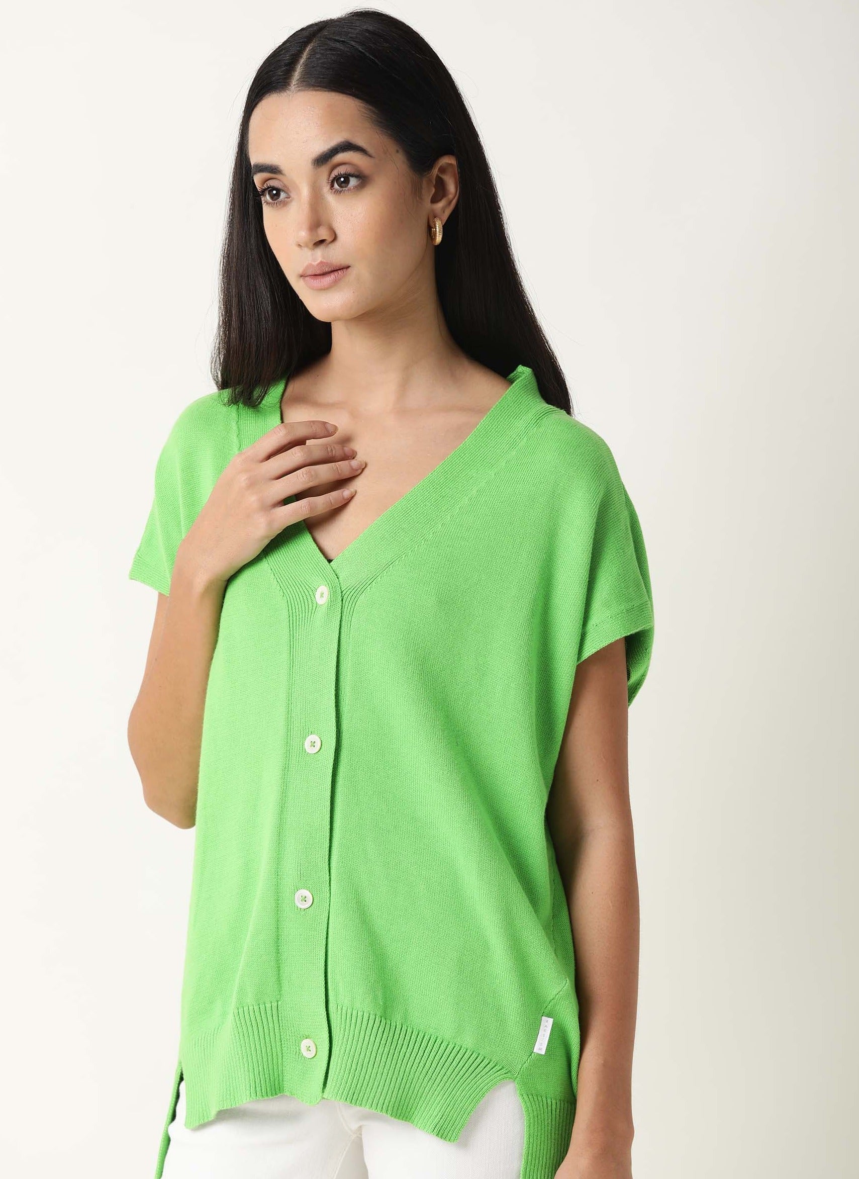 Rareism Women's Pave Lime Cotton V-Neck Plain Extended Sleeves Regular Fit Sweater