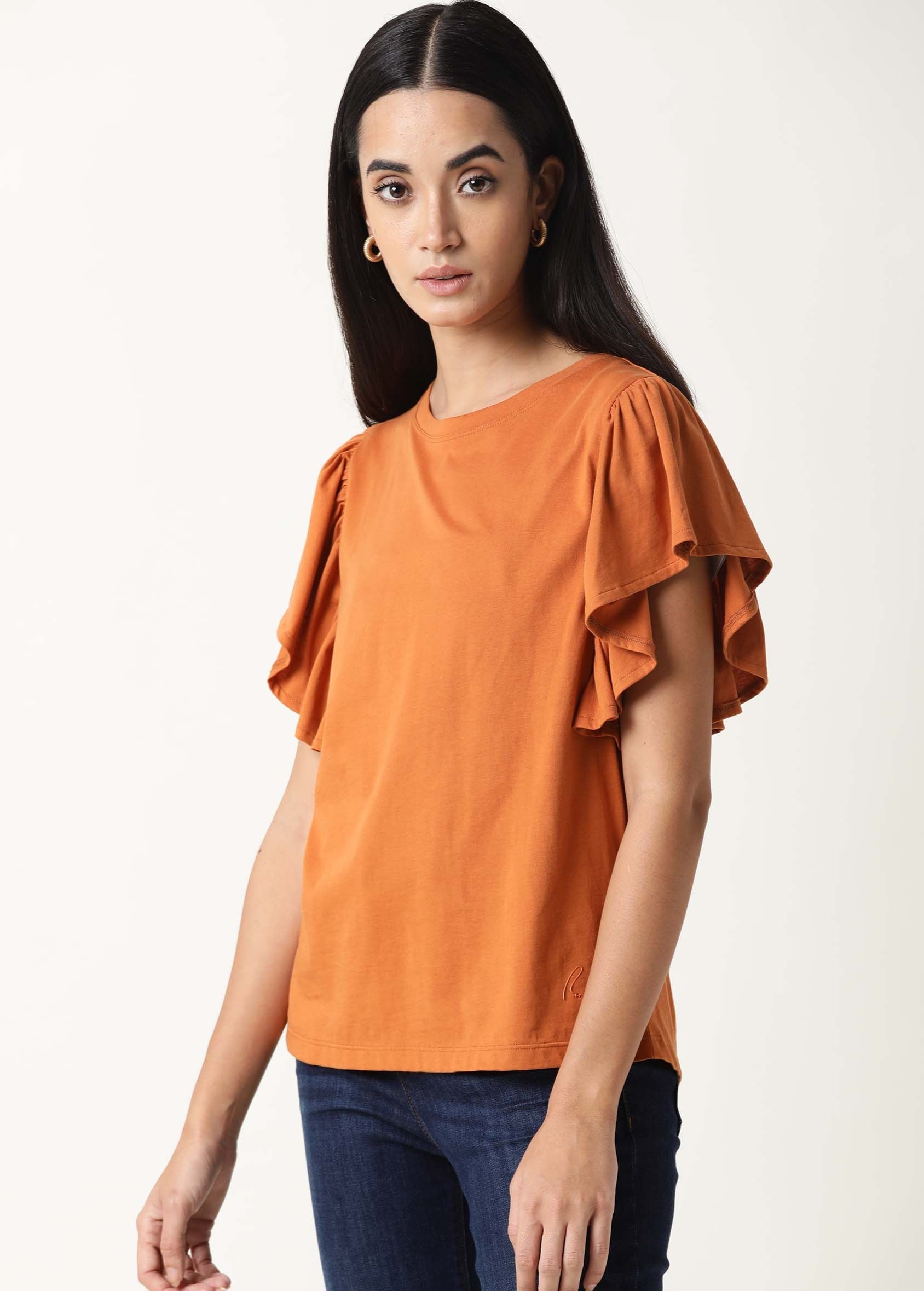 Rareism Women's Yatch Orange Crew Neck Plain Regular Fit Top